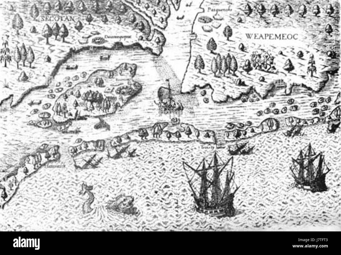 Ankunft der Engländer in North Carolina 1585 Stockfoto