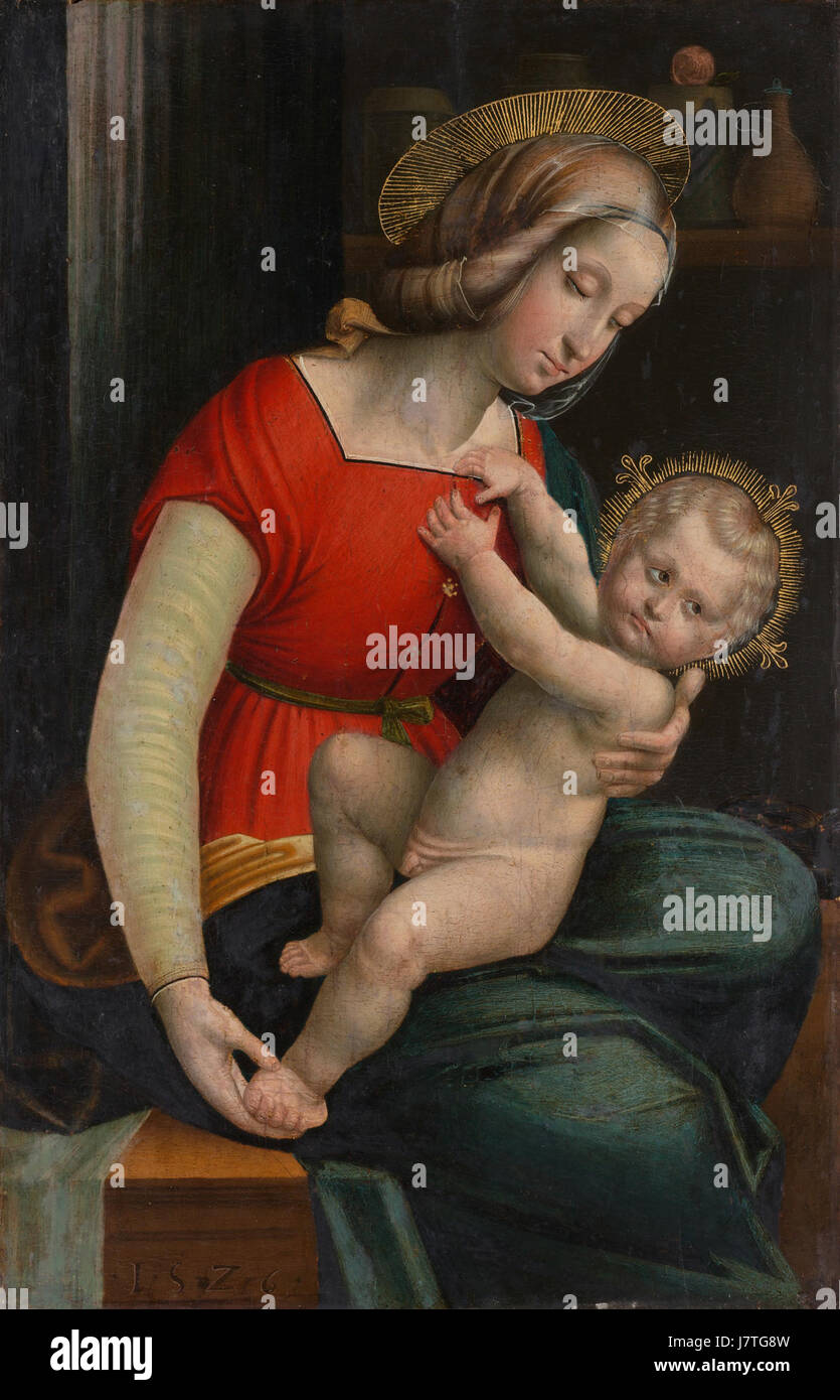 Defendente Ferraris Gemälde „Maria Met Kind“ (Maria mit Kind) zeigt die Jungfrau Maria, die das Kind Jesus hält. Dieses Kunstwerk ist ein Beispiel für religiöse Kunst aus der Renaissance und fängt spirituelle Themen und mütterliche Liebe ein. Stockfoto