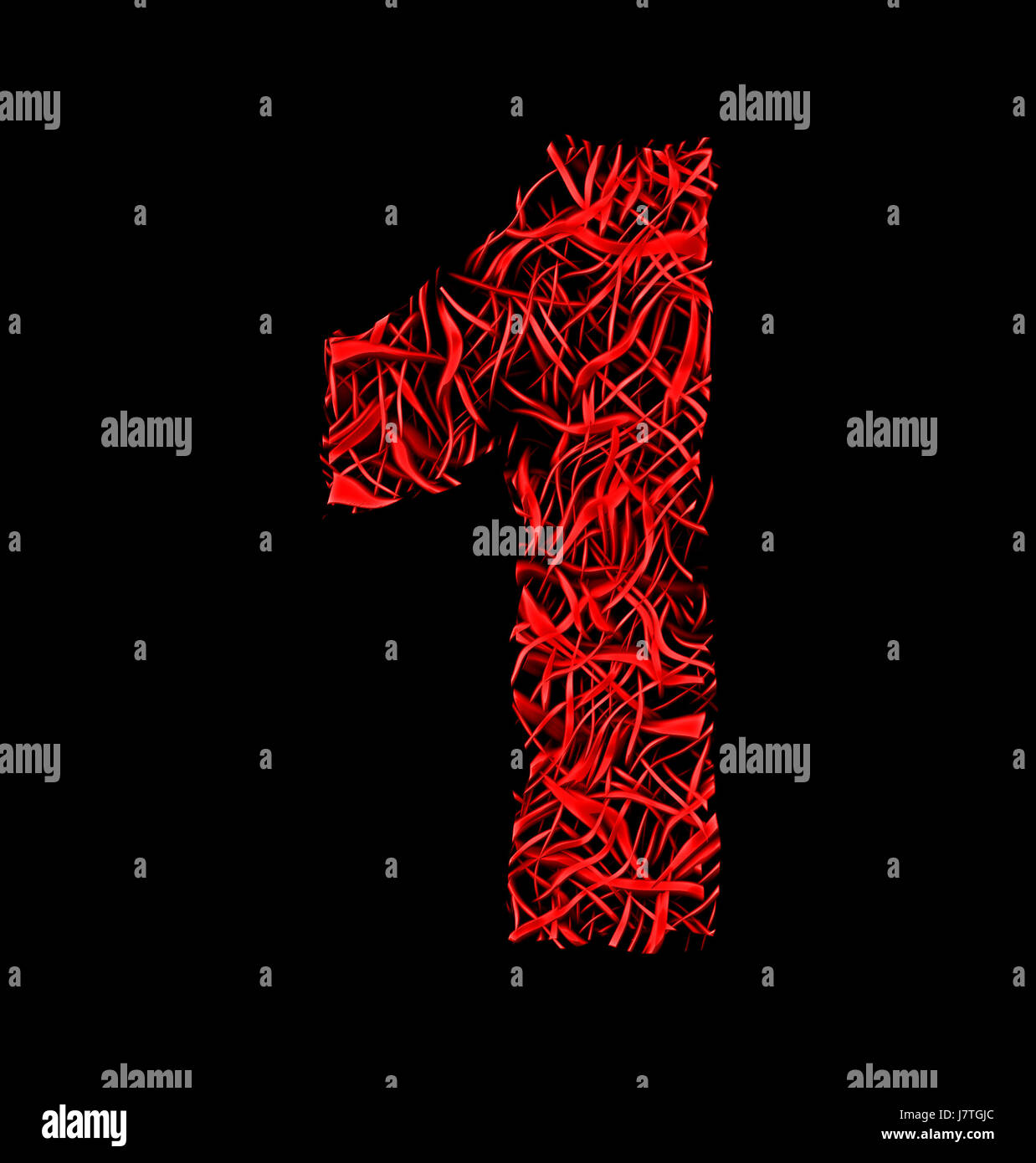 Nummer 1 rote künstlerische Faser Masche Stil auf schwarzem Hintergrund isoliert Stockfoto