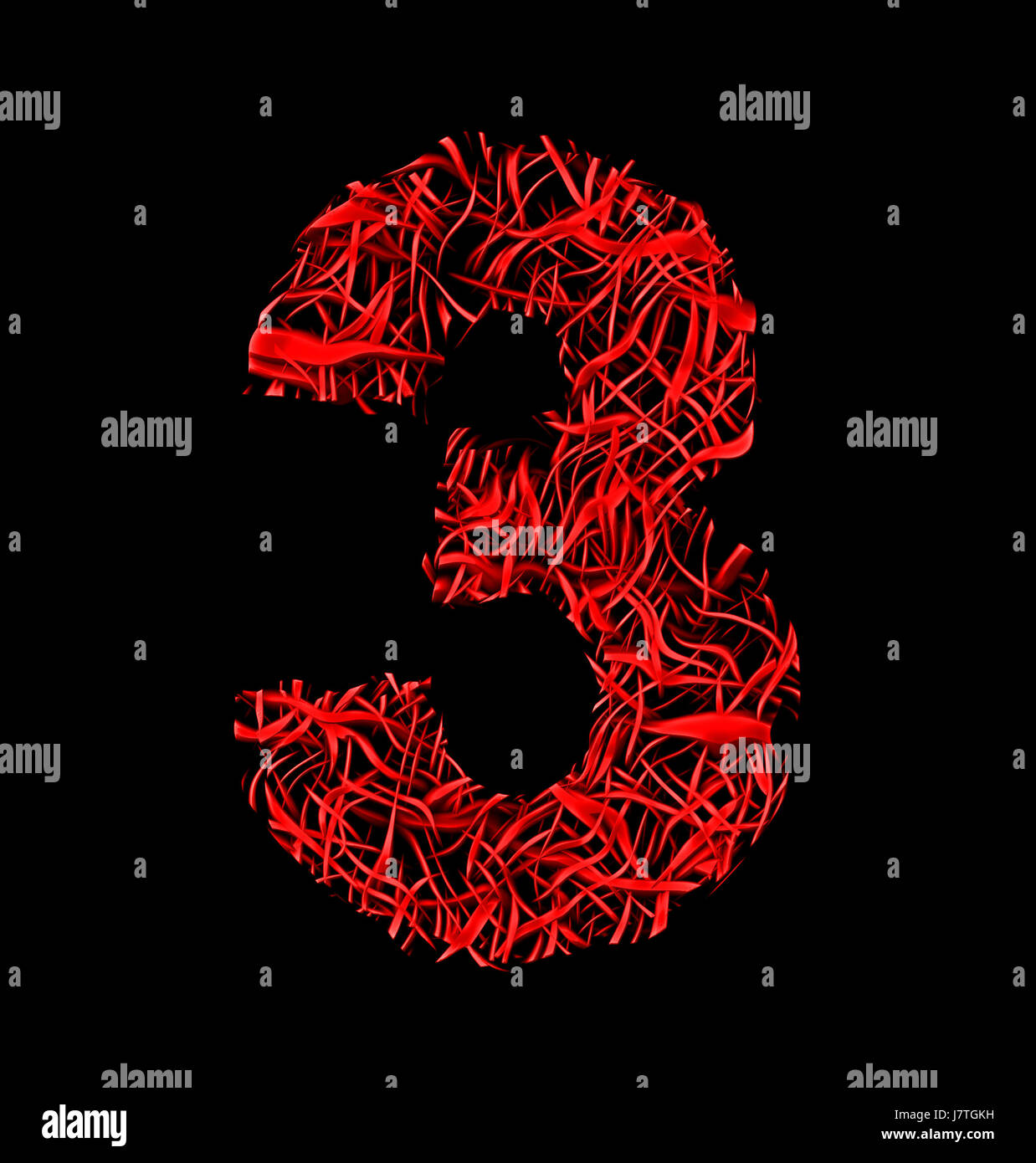Nummer 3 rote künstlerische Faser Masche Stil auf schwarzem Hintergrund isoliert Stockfoto