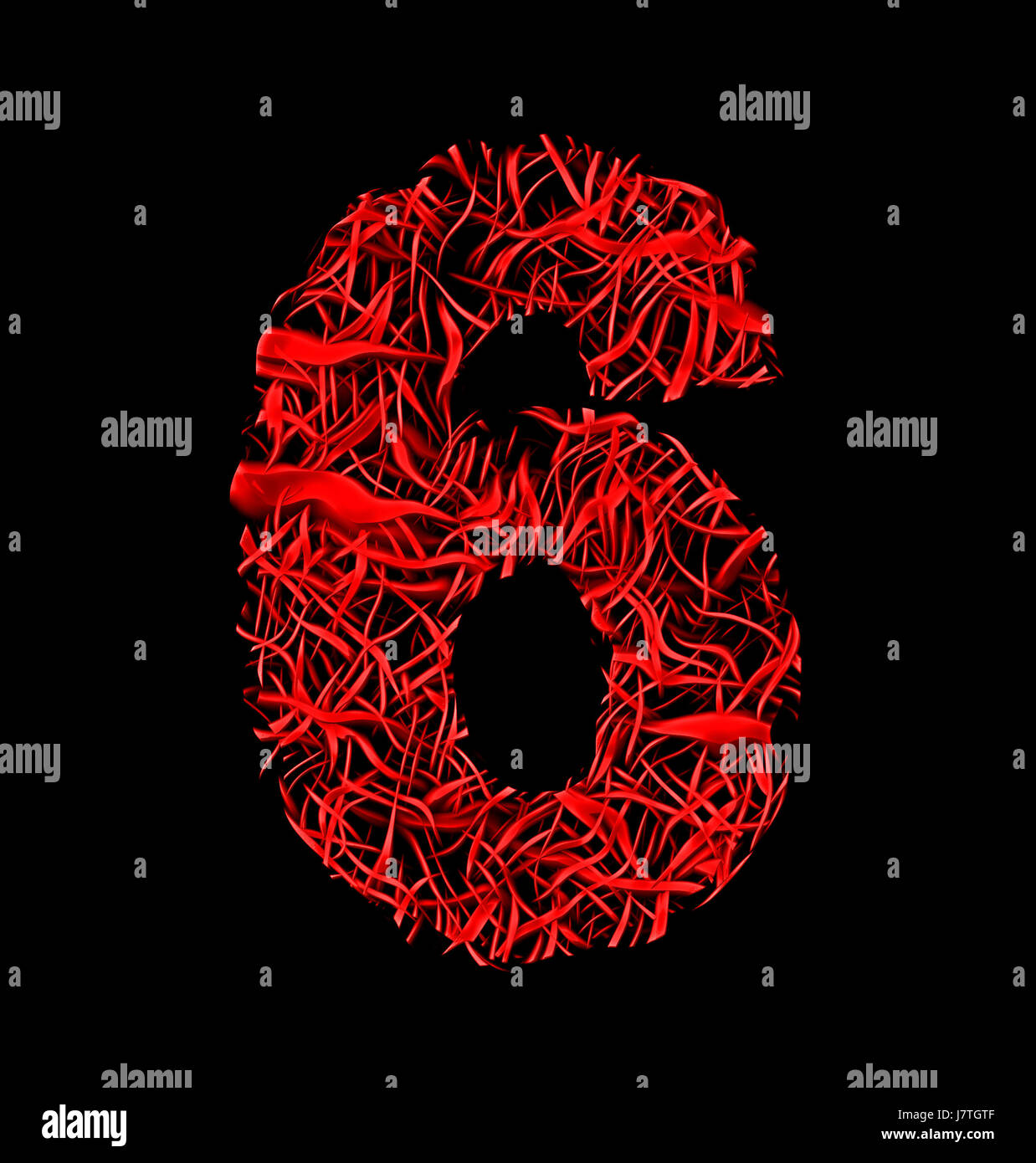 Nummer 6 rote künstlerische Faser Masche Stil auf schwarzem Hintergrund isoliert Stockfoto