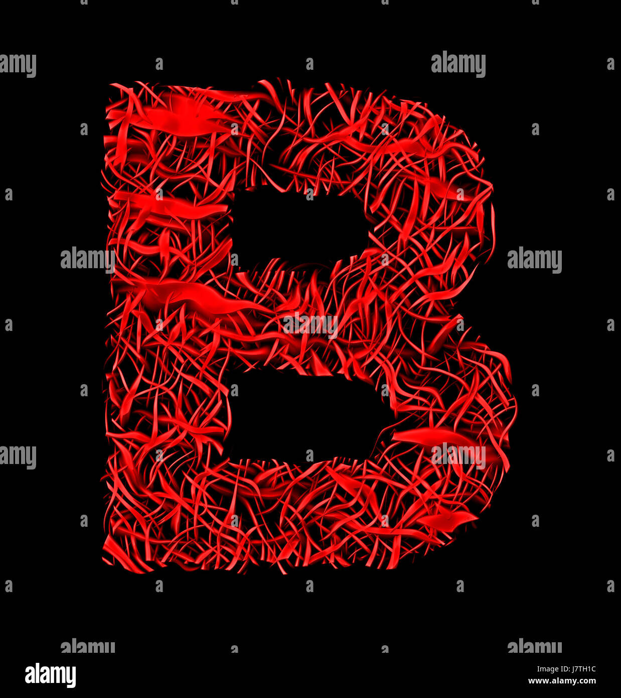 B rote künstlerische Faser Masche Briefstil auf schwarzem Hintergrund isoliert Stockfoto