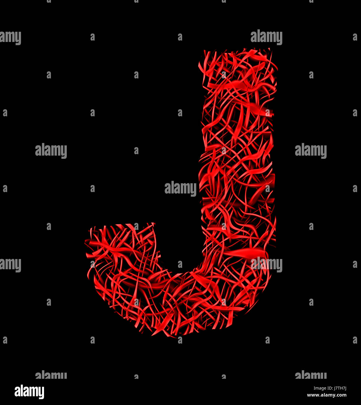 J rote künstlerische Faser Masche Briefstil auf schwarzem Hintergrund isoliert Stockfoto