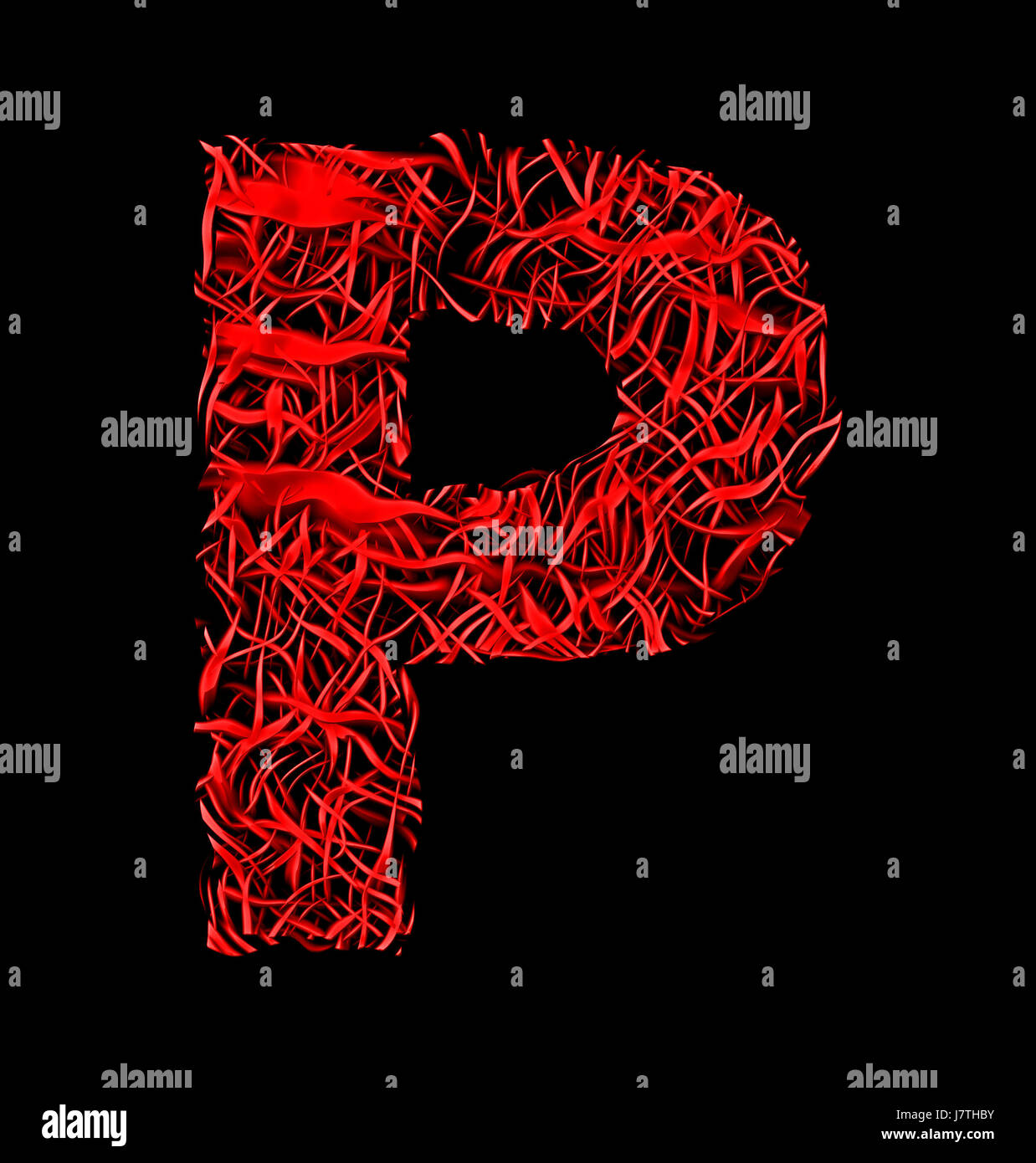 P rot künstlerische Faser Masche Briefstil auf schwarzem Hintergrund isoliert Stockfoto