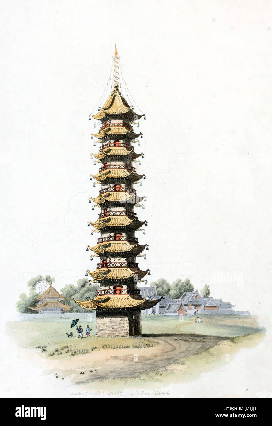 Dieses Bild zeigt eine Pagode in der Nähe der Stadt Sou tcheou (Suzhou), China. Die Pagode ist ein wichtiges Merkmal traditioneller chinesischer Architektur, mit ihrer ausgeprägten mehrstufigen Struktur und kulturellen Bedeutung. Stockfoto