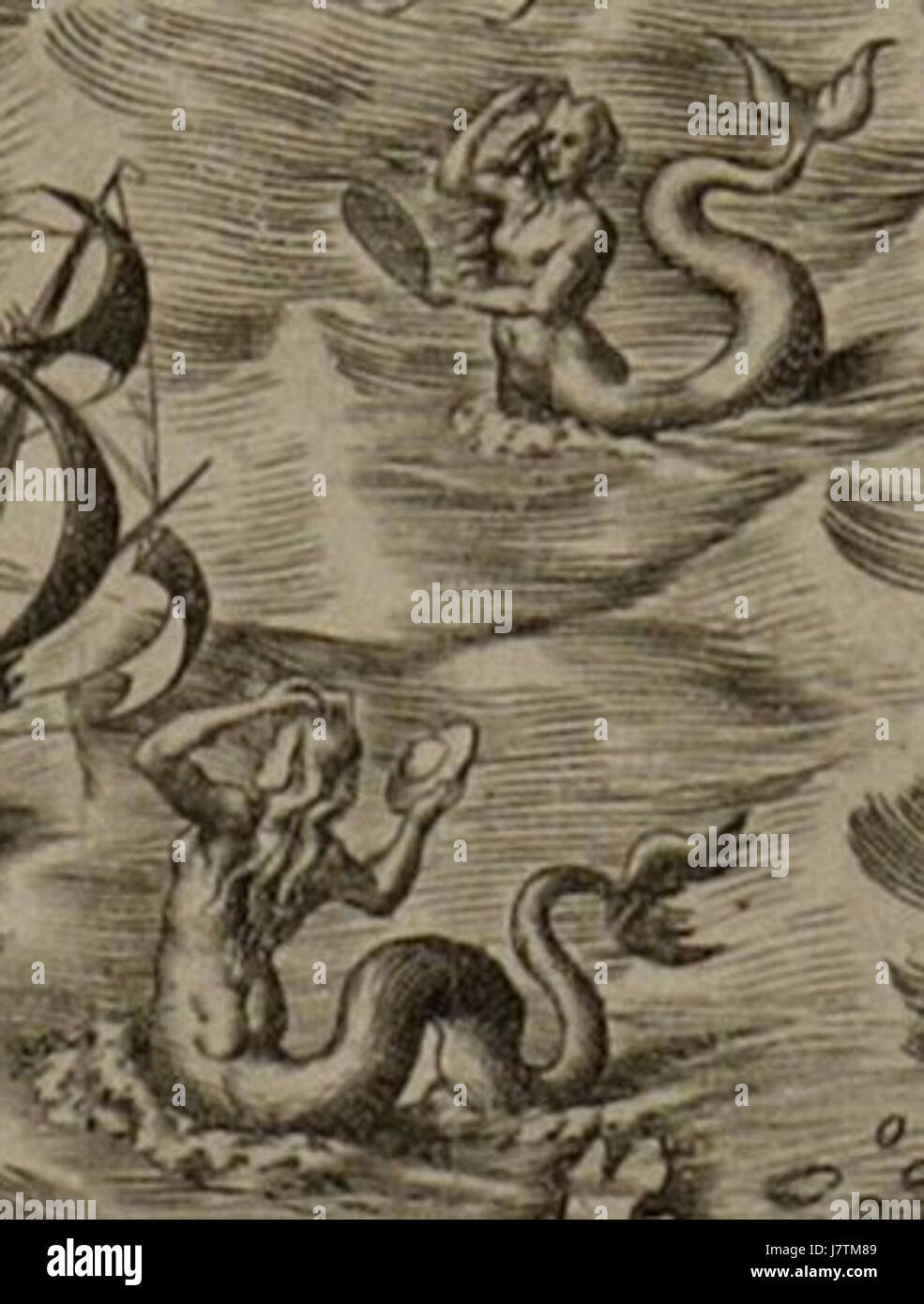 Diese Karte „Americae Sive Quartae Orbis Partis Nova et Exactissima Descriptio“ bietet eine detaillierte Darstellung Amerikas aus dem 16. Jahrhundert, einschließlich mythischer Elemente wie Meerjungfrauen. Stockfoto
