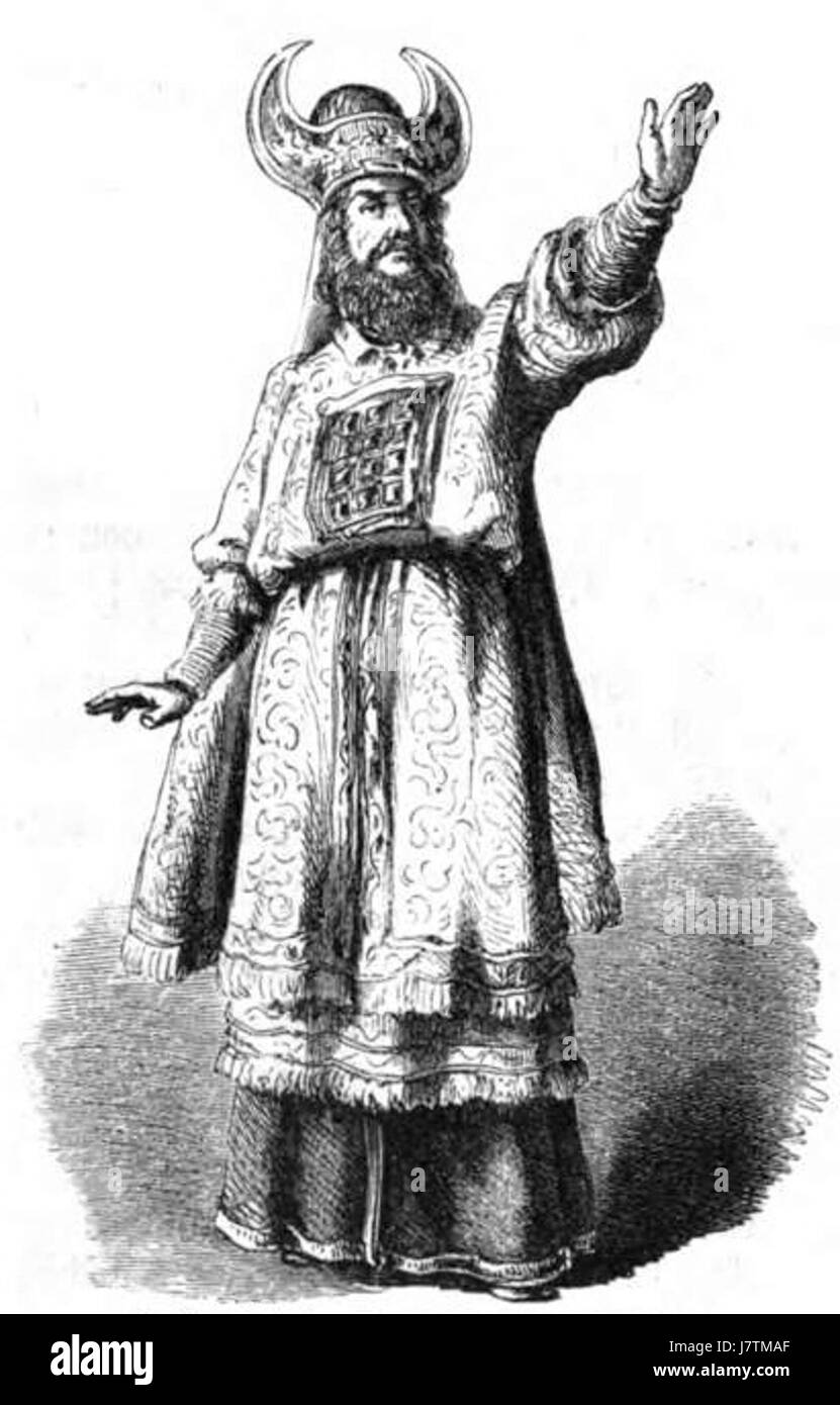 „Das festliche Jahr“ zeigt eine Szene aus dem Passionsspiel, die sich speziell auf den Hohepriester Caiaphas konzentriert. Dieses Bild fängt die Intensität und das Drama der Passion ein und reflektiert religiöse Themen und die Darstellung von Schlüsselfiguren in der christlichen Erzählung der Kreuzigung. Stockfoto