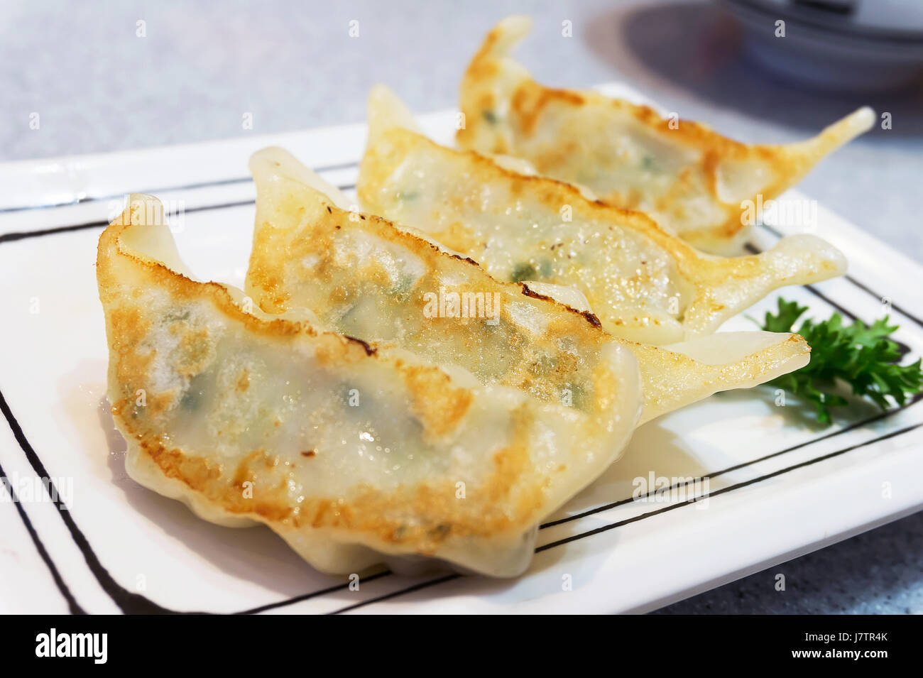 Gyoza oder japanische Gebratene Knödel auf weißen Teller mit selektiven Fokus Punkt Stockfoto