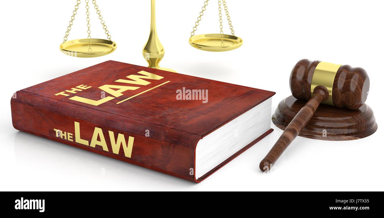Gesetz-Thema. Richterhammer, Gerechtigkeit Skala und Gesetz Buch auf weißem Hintergrund. 3D illustration Stockfoto