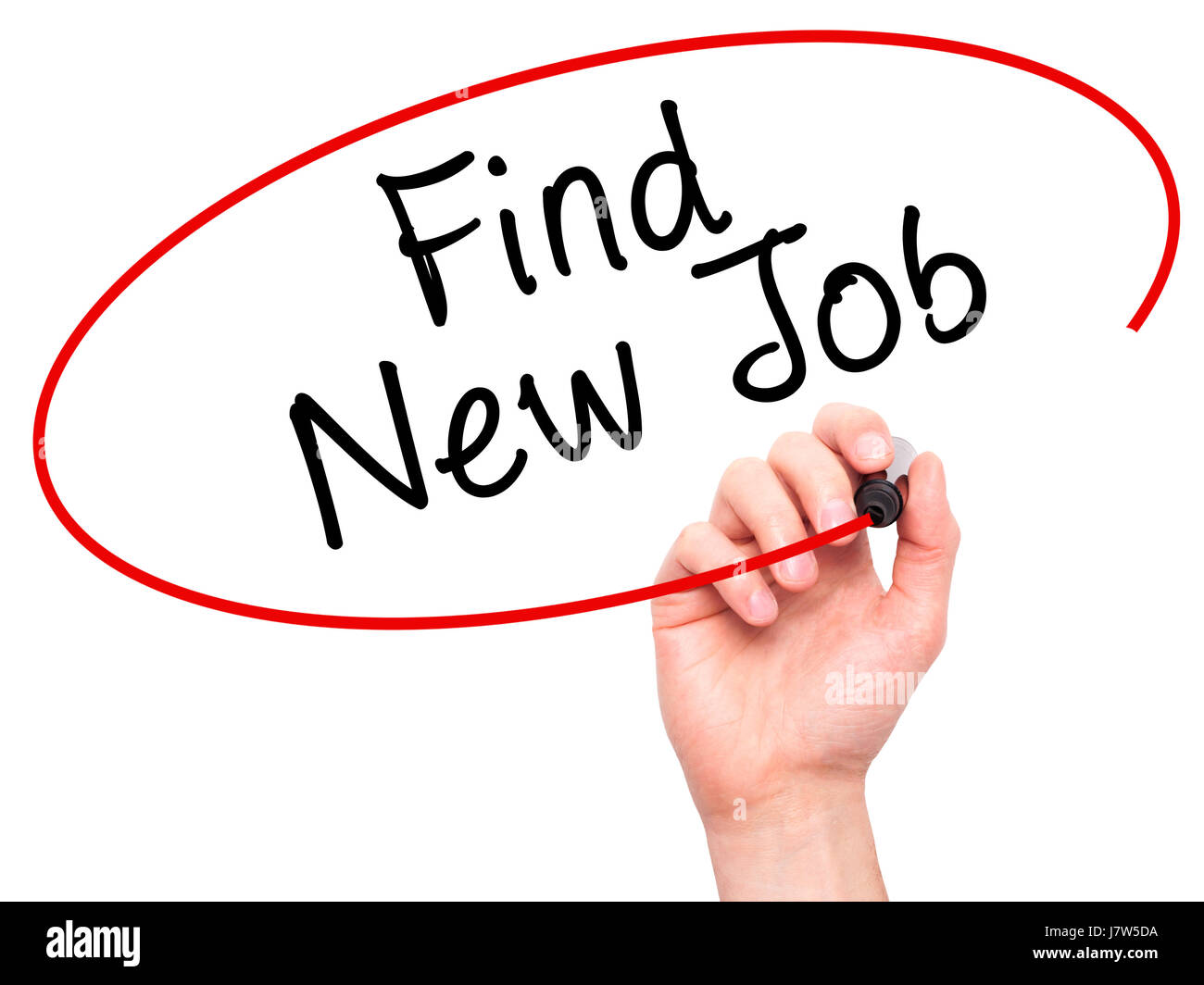 Mann Handschrift finden neuen Job mit Filzstift auf transparente wischen. Isoliert auf weiss. Business, Internet, Technologie-Konzept.  Stock Foto Stockfoto