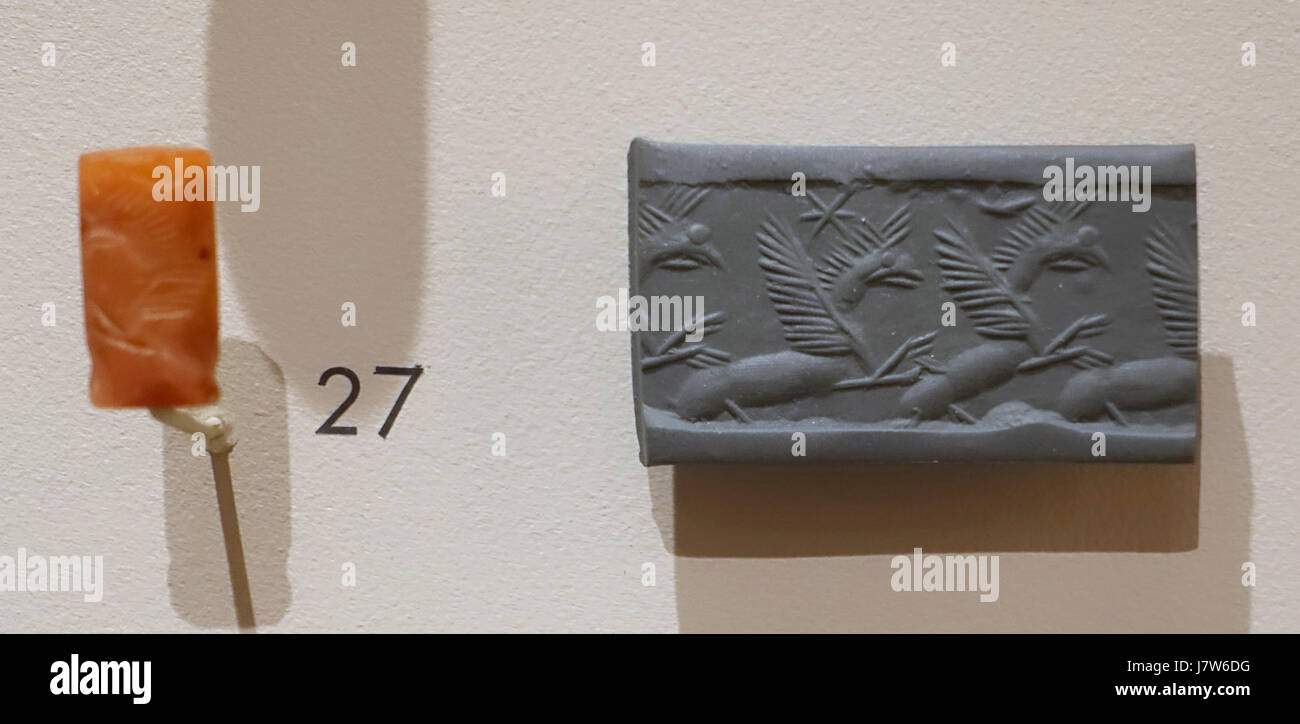 Dieses Zylindersiegel aus der neo-assyrischen Zeit (ca. 9.-7. Jahrhundert v. Chr.) zeigt Greifen, mythische Kreaturen mit dem Körper eines Löwen und dem Kopf und den Flügeln eines Adlers. Es ist Teil der Sammlung im Harvard Semitic Museum in Cambridge, MA, und zeigt assyrische Kunst und Handwerkskunst. Stockfoto