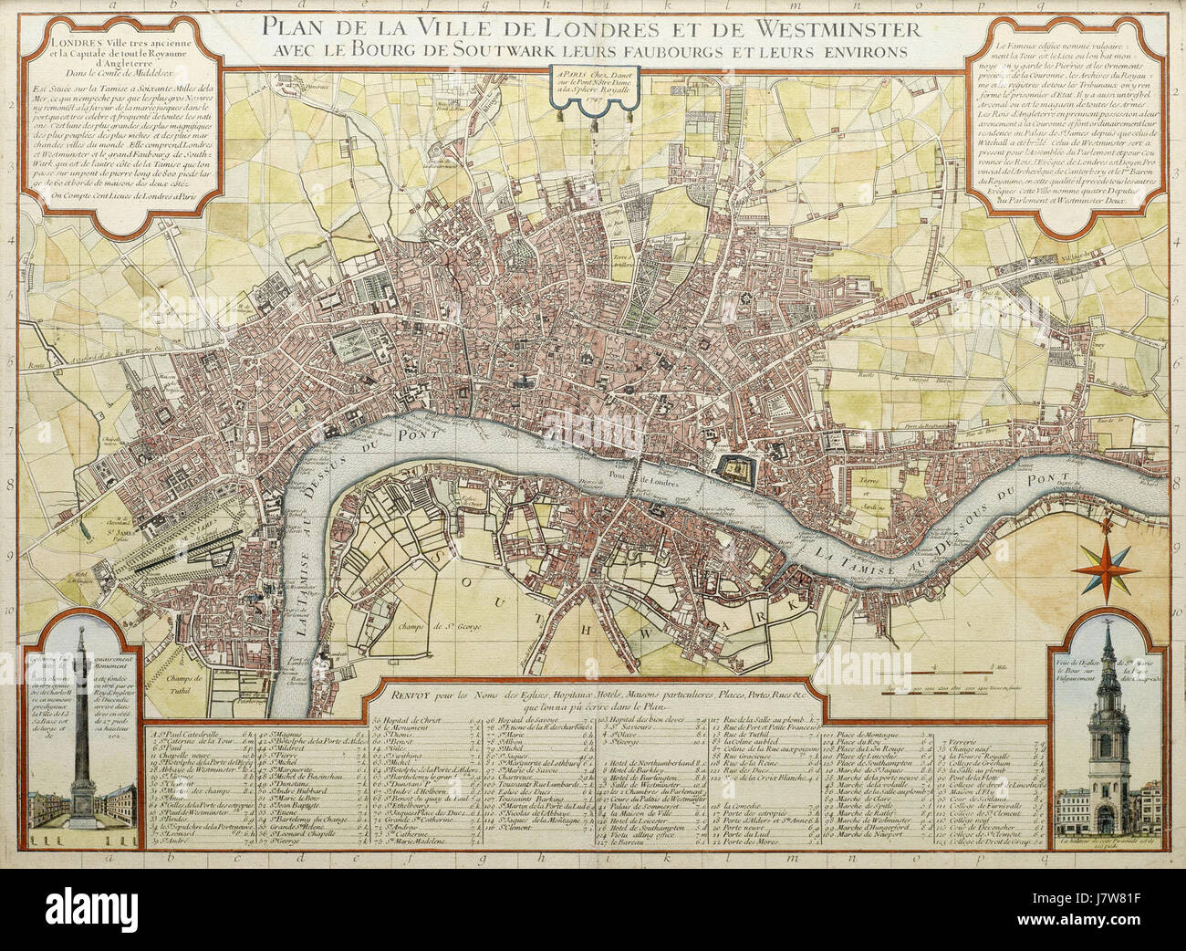 Diese 1727 von Danet erstellte Karte von London bietet einen detaillierten Blick auf die Stadt während des frühen 18. Jahrhunderts und zeigt das städtische Layout und die wichtigsten Wahrzeichen der Zeit. Stockfoto