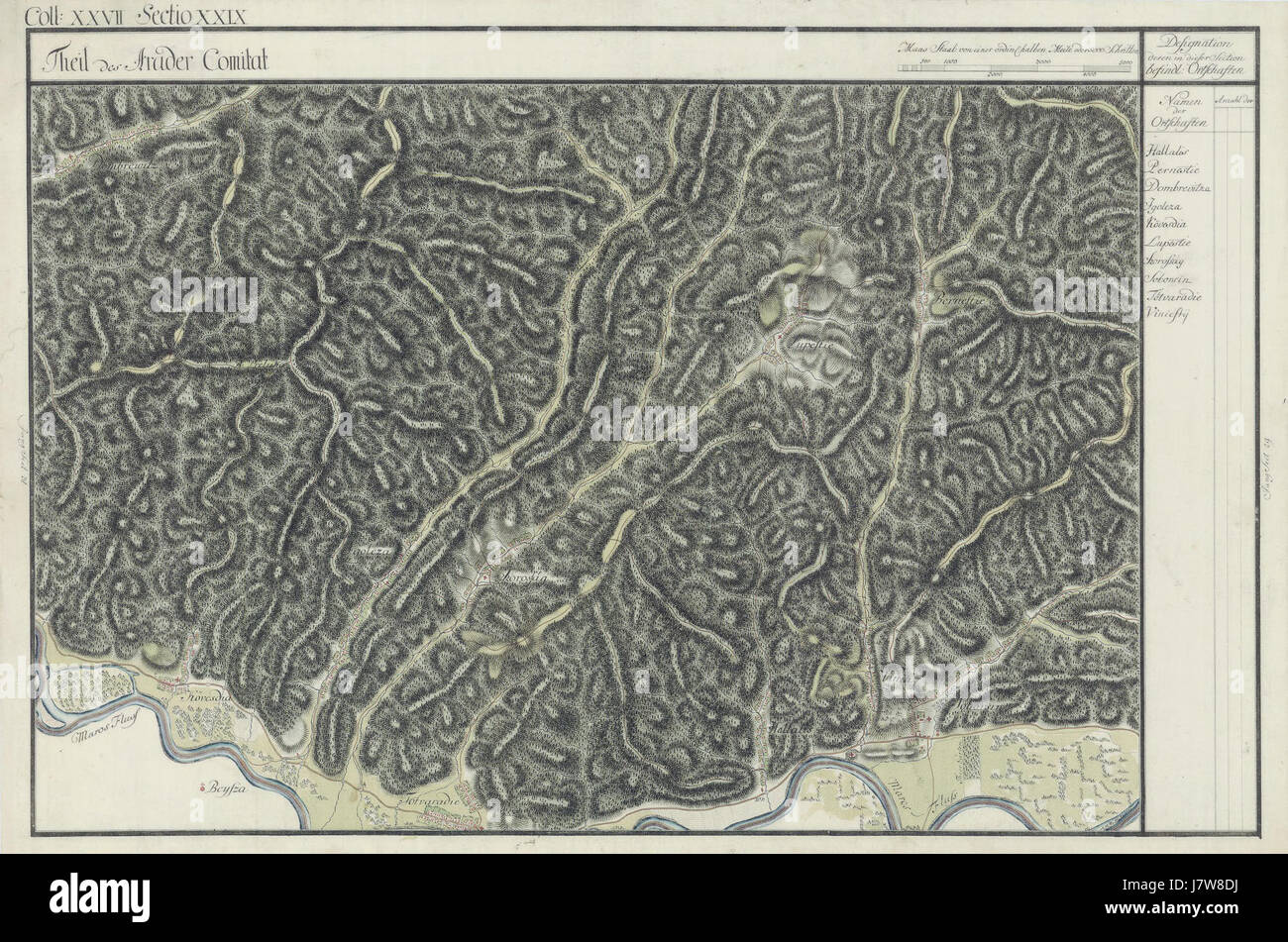 Diese historische Karte ist Teil der Josephinischen Landvermessung von Arad, einem wichtigen kartographischen Projekt aus dem 18. Jahrhundert im Österreichischen Reich, das regionale Grenzen und Landnutzung im Arad-Gebiet dokumentiert. Stockfoto