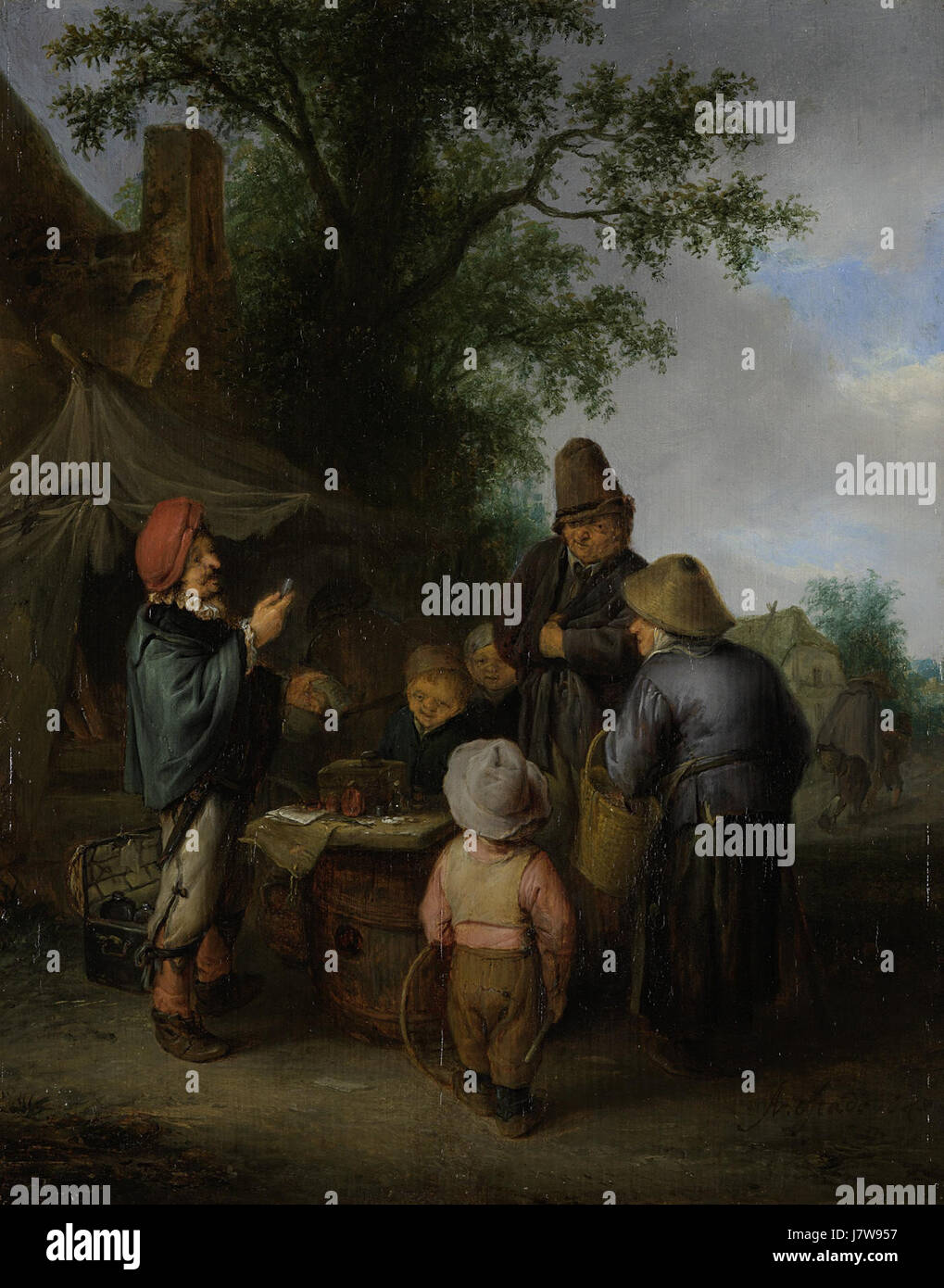 „De kwakzalver“ ist ein Gemälde im Rijksmuseum. Das Kunstwerk stellt einen Quackarzt dar, der Themen der Täuschung und des medizinischen Betrugs in der niederländischen Gesellschaft des 17. Jahrhunderts symbolisiert. Stockfoto