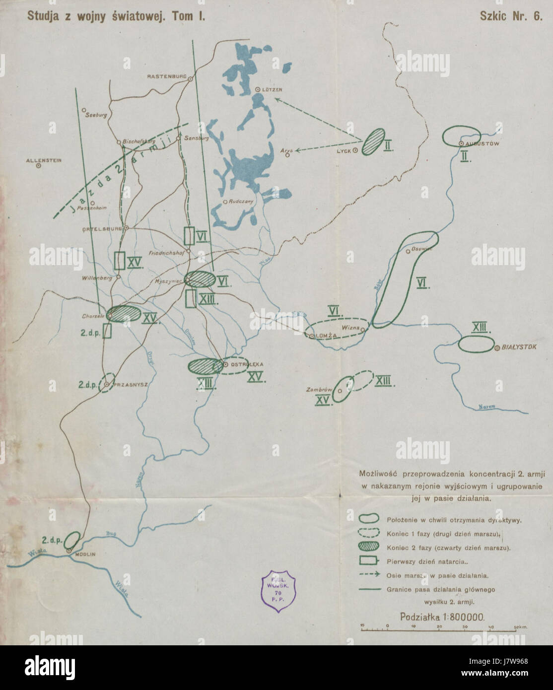 Die *2. Armia* (2. Armee) im Jahr 1914 bezieht sich auf eine militärische Formation während des Ersten Weltkriegs. Diese Einheit war an bedeutenden Schlachten an der Ostfront beteiligt und trug zu den strategischen Ergebnissen des Konflikts in Europa in den frühen Phasen des Krieges bei. Stockfoto