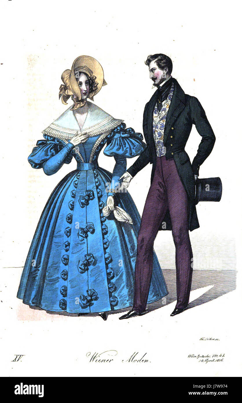 Dieses Stück zeigt Wiener Mode aus den 1830er Jahren, eine Zeit, in der aufwendige, luxuriöse Kleidung die High Society prägte. Die Entwürfe spiegeln die soziale Hierarchie und die kulturellen Trends in Österreich wider. Stockfoto