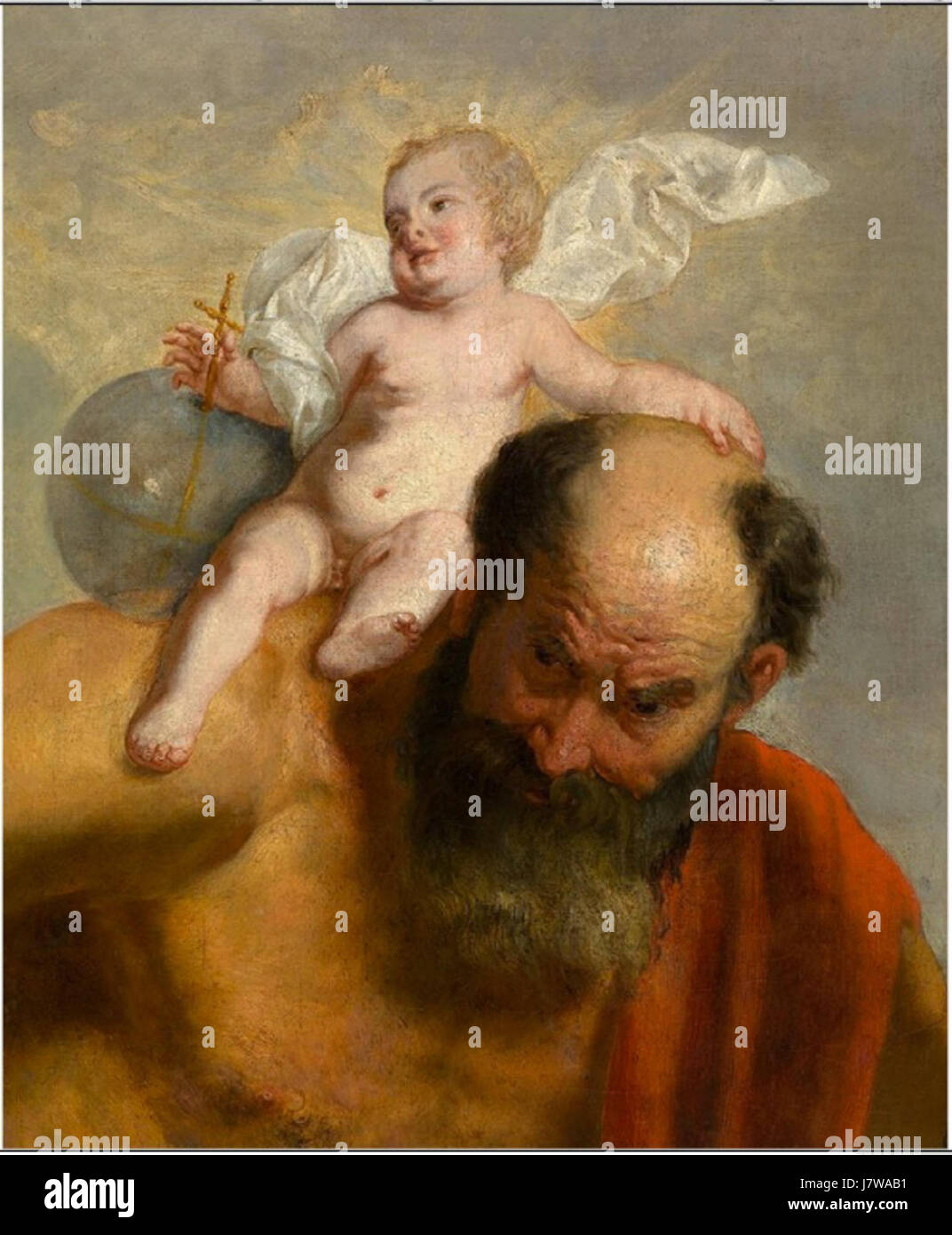 Dieses Gemälde von Pieter van Lint zeigt den Heiligen Christoph, den schutzheiligen der Reisenden. Das Kunstwerk ist bekannt dafür, das Christuskind über einen Fluss zu tragen. Es spiegelt die religiöse Hingabe und die Ikonographie des Heiligen Christophorus wider. Stockfoto