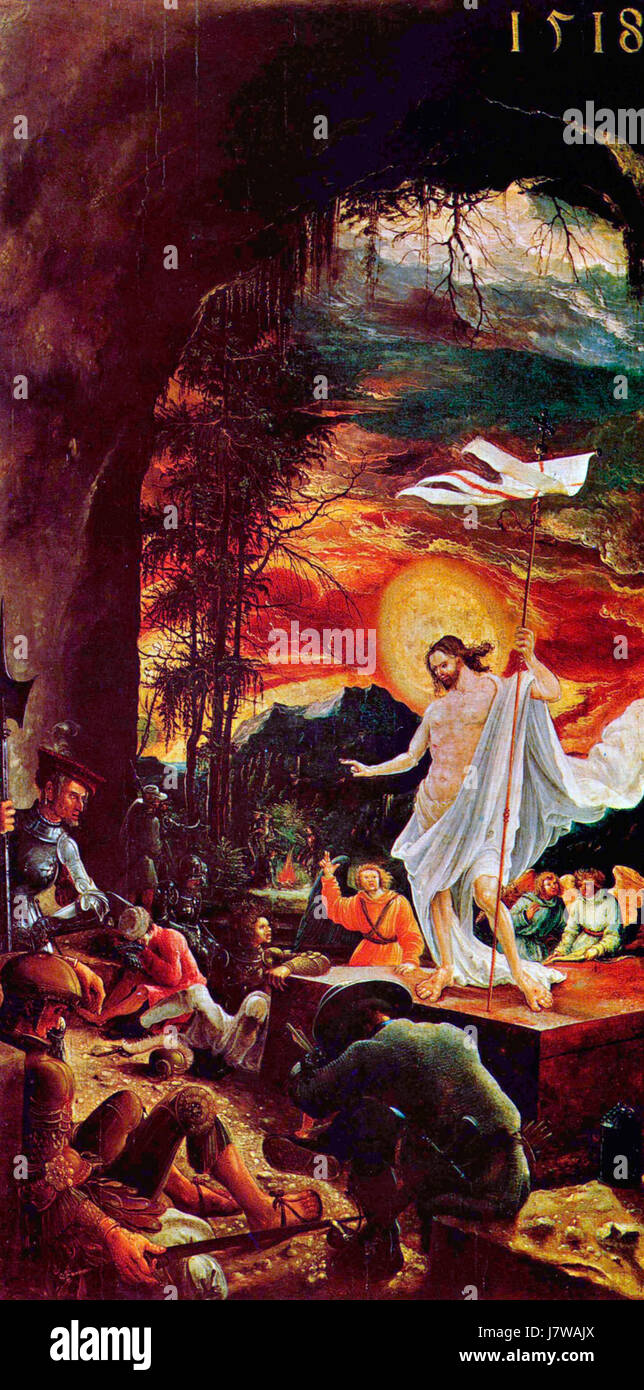 Dies bezieht sich auf ein Kunstwerk Albrecht Altdorfers, möglicherweise ein Gemälde oder eine Zeichnung, das seinen unverwechselbaren Stil aus der Renaissance mit einem Fokus auf Landschaften und religiöse Themen zeigt. Stockfoto