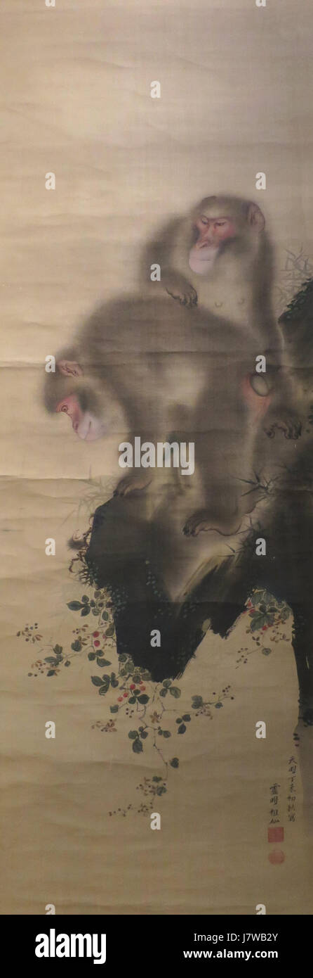 „Affen spielen mit einer Krabbe“ ist ein Gemälde des japanischen Künstlers Mori Sosen aus dem Jahr 1787, das verspielte Affen zeigt, die mit einer Krabbe interagieren, und zeigt Sosenâ Fähigkeiten, Tiere mit ausdrucksstarken Details zu repräsentieren. Stockfoto