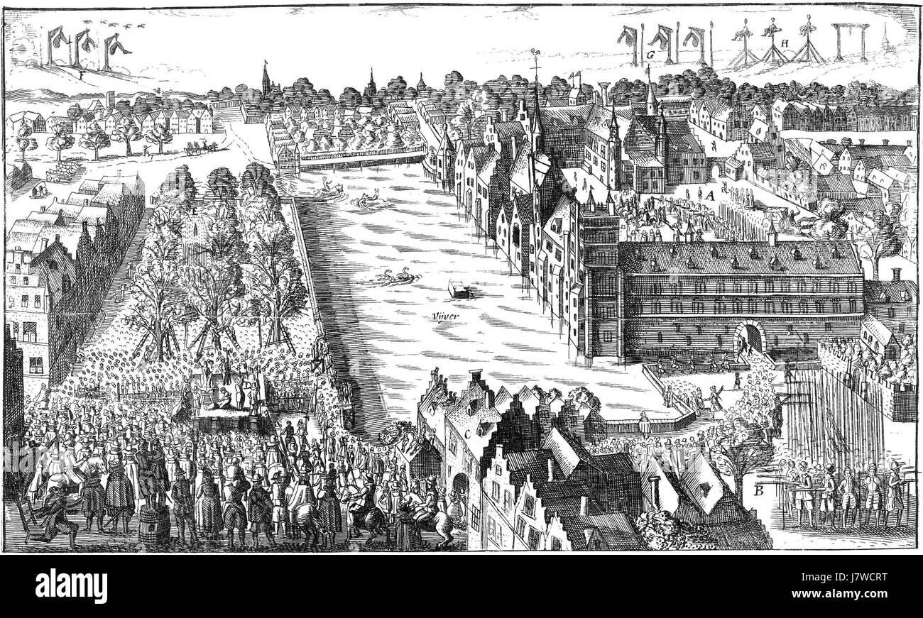 Dieses Gemälde von Nicolaes van Geelkercken aus dem Jahr 1623 zeigt einen Blick über den Haag und zeigt die Landschaft und Architektur der Stadt im frühen 17. Jahrhundert. Das Kunstwerk zeichnet sich durch seine historische Genauigkeit und künstlerische Details aus. Stockfoto