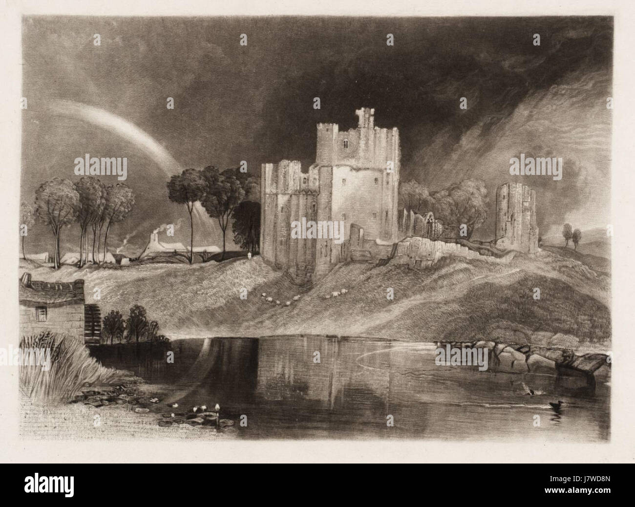 Ein Mezzotint-Druck von J.M.W. Turner, der Brougham Castle darstellt und die architektonische Schönheit und historische Atmosphäre der Stätte einfängt. Stockfoto