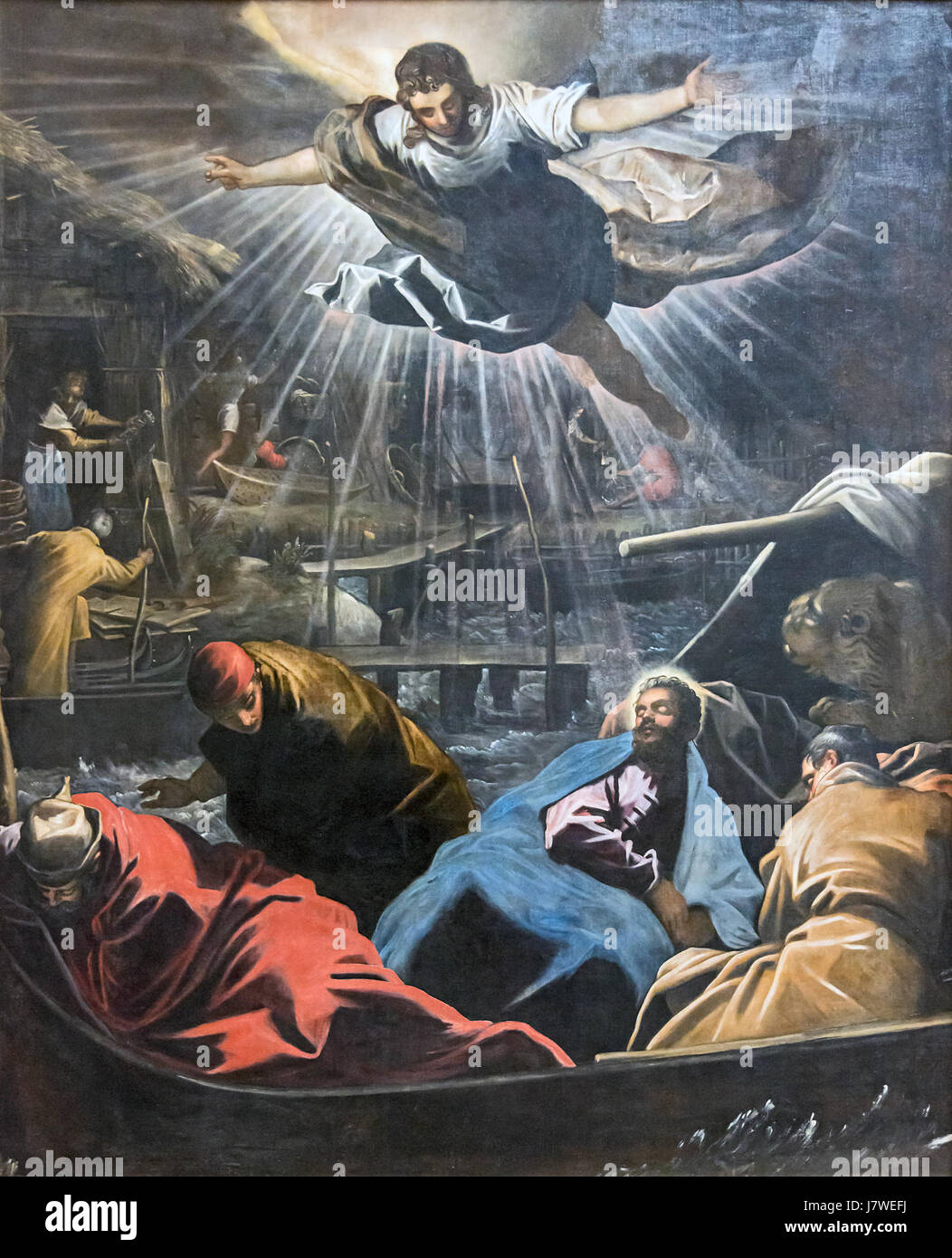 Dieses Kunstwerk, „Sogno di San Marco“ von Tintoretto und seiner Werkstatt, zeigt eine Traumvision des Heiligen Markus und ist bekannt für seinen Renaissance-Kunststil und sein religiöses Thema, das Tintorettos unverwechselbaren Malstil veranschaulicht. Stockfoto