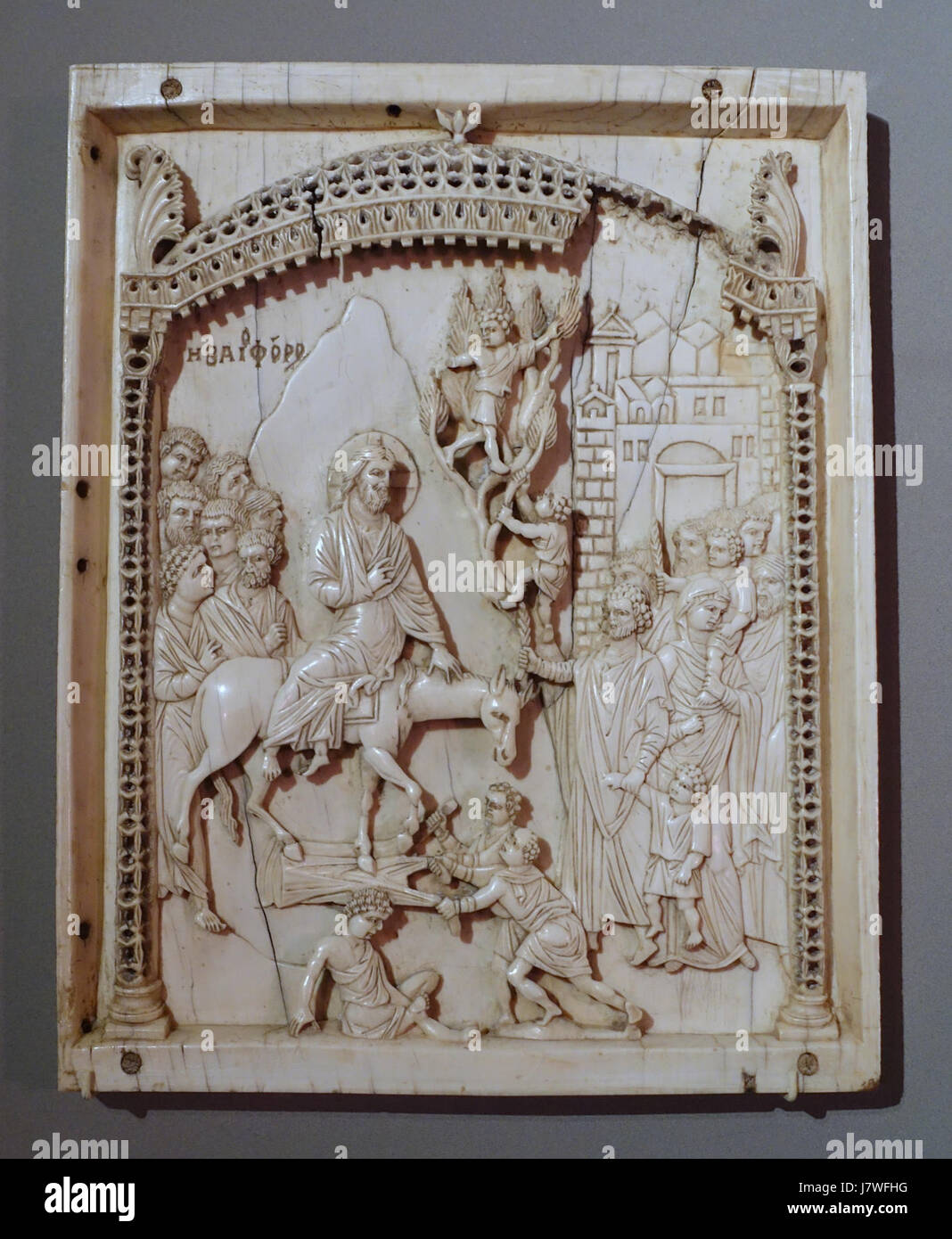 Mitteltafel aus ein Triptychon mit dem Eintrag Christi in Jerusalem, Konstantinopel, 10. Jahrhundert, Elfenbein Bode Museum DSC03499 Stockfoto