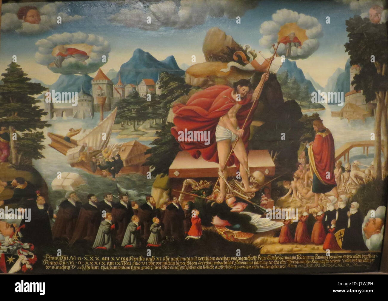 Die Familie Harttung Epitaph ist ein Denkmal aus der Renaissance, das von einem unbekannten deutschen Künstler um 1540 geschaffen wurde. Das Kunstwerk ist ein detailliertes Epitaph, das die Mitglieder der Familie Harttung darstellt und den Stil und die Bedeutung der Gedenkkunst während der Renaissance widerspiegelt. Es zeichnet sich durch komplexe Details und historische Bedeutung aus, die sowohl als Hommage als auch als künstlerische Darstellung der Epoche dienen. Stockfoto