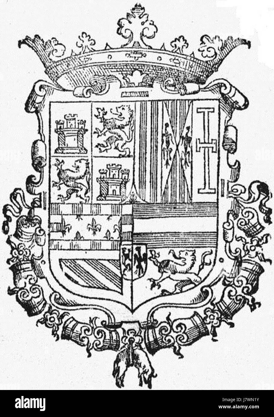 Das Wappen von Philipp II. Von Spanien repräsentiert die königlichen Symbole und heraldischen Traditionen der spanischen Monarchie während seiner Regierungszeit im 16. Jahrhundert. Stockfoto