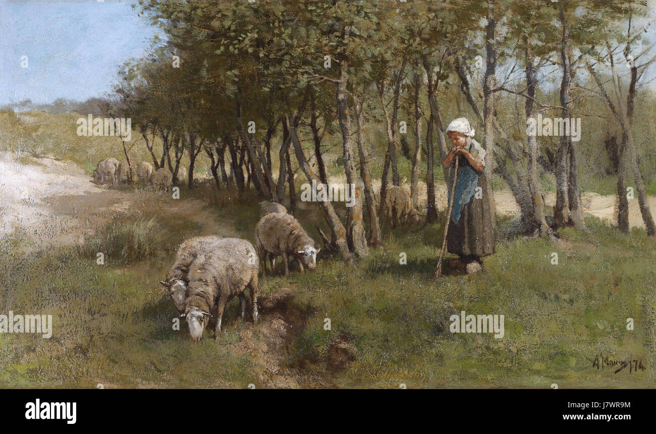 Anton Mauveâ Gemälde *Dekkers Dune* zeigt eine ruhige Landschaft in den Dünen der Niederlande. Sein realistischer Stil fängt die ruhige Schönheit der Natur ein, mit gedämpften Farben und sanften Pinselarbeiten, die die ruhige Atmosphäre von dunesâ€™ hervorheben. Stockfoto