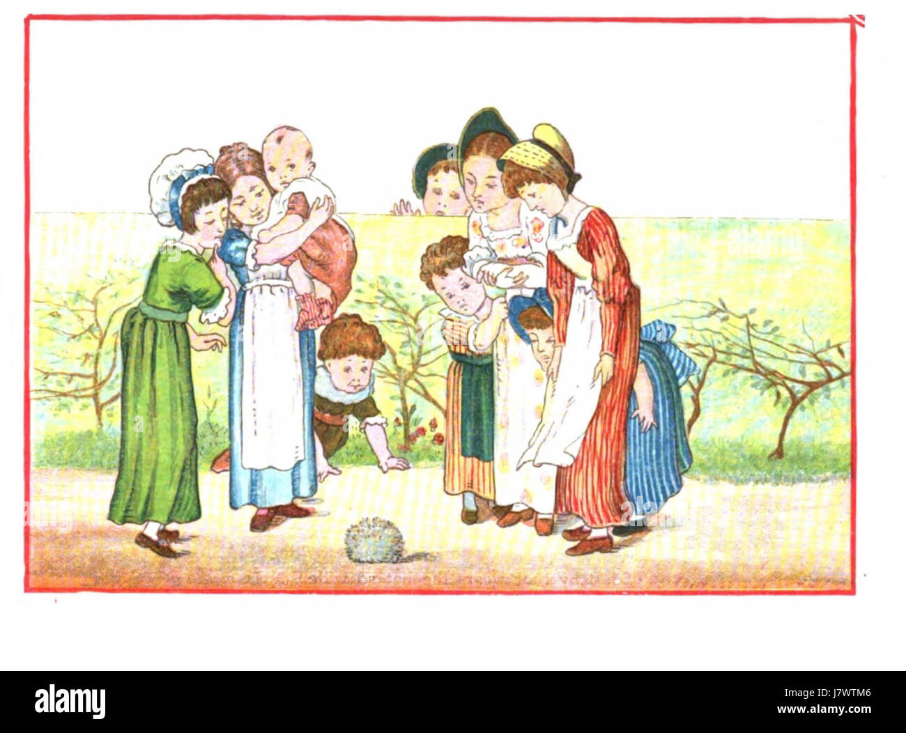 Eine Darstellung einer Nachmittagsteeszene aus dem Jahr 1880 mit dem Titel „der Igel“, die möglicherweise eine charmante Umgebung oder eine kulturelle Tradition des Teetrinkens aus dem späten 19. Jahrhundert darstellt. Stockfoto