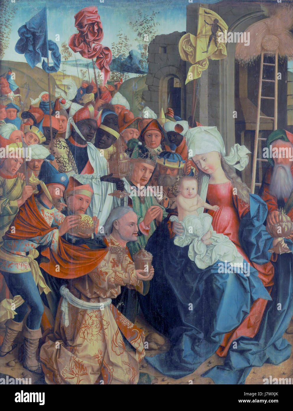 „Anbetung der Könige“ des Meisters des Mondsees zeigt die biblische Szene, in der die drei Könige dem Jesuskind Geschenke überreichen. Das Kunstwerk spiegelt Einflüsse der frühen Renaissance mit seiner detaillierten Komposition und dem Einsatz von Farben wider. Stockfoto