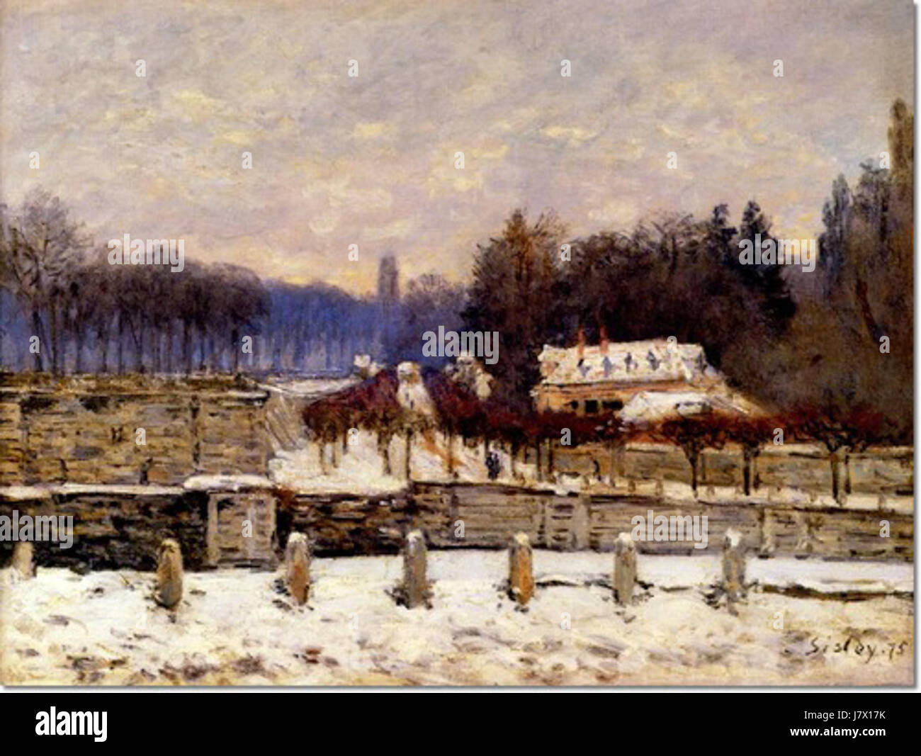 „The Bewässerung Place at Marly-le-ROI“ von Alfred Sisley ist ein impressionistisches Gemälde, das eine schneebedeckte Landschaft in Marly-le-ROI darstellt und die Atmosphäre einer Winterszene mit zarten Pinselstrichen einfängt. Stockfoto