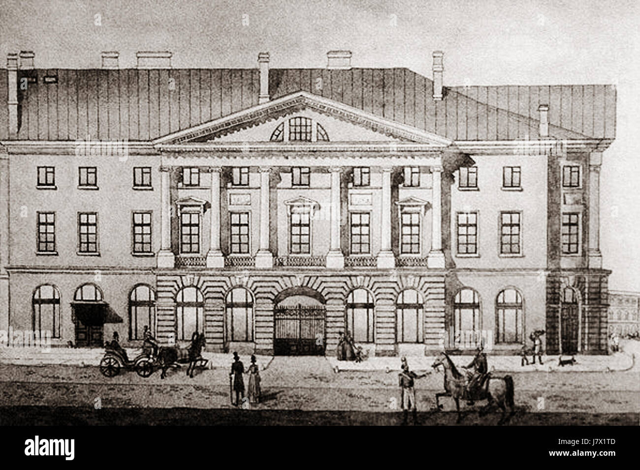 Ein Aquarellgemälde eines Hauses aus den 1820er Jahren mit vier markanten Säulen. Der architektonische Stil spiegelt die Designtrends des frühen 19. Jahrhunderts wider und betont Symmetrie und klassischen Einfluss in Wohngebäuden. Stockfoto