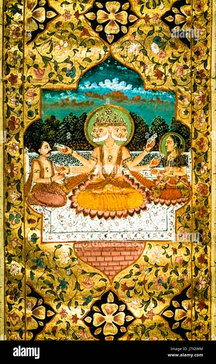 Dieses Miniaturbild aus der Zeit um 1793 zeigt Brahma, den hinduistischen Gott der Schöpfung, neben Sarasvati, der Göttin des Wissens und der Künste. Das Kunstwerk spiegelt die religiösen und künstlerischen Traditionen Indiens während des 18. Jahrhunderts wider und zeigt komplizierte Details und lebhafte Farben, die typisch für indische Miniaturmalereien sind. Stockfoto