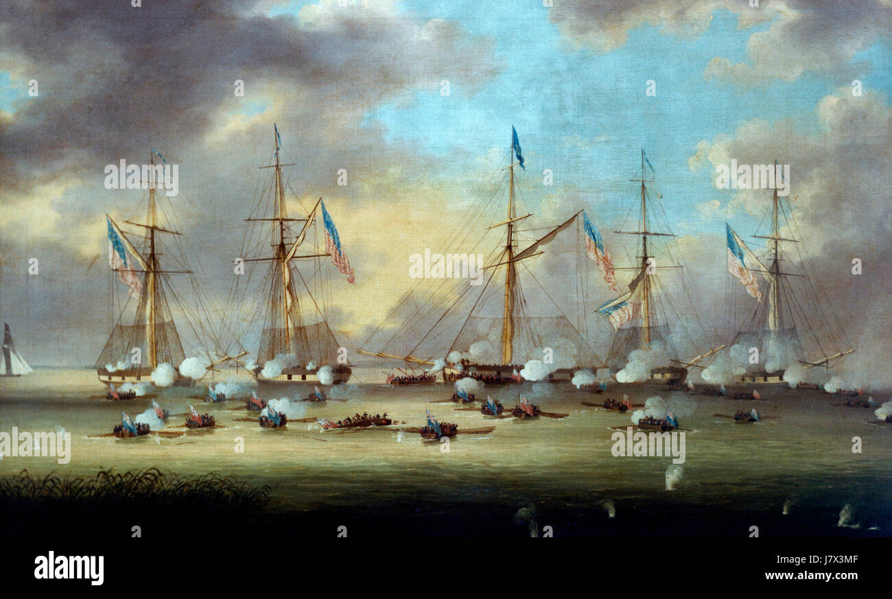 Malerei, Darstellung der Naval Battle of Lake Borgne, Louisiana, zwischen Großbritannien und USA Truppen im Krieg von 1812, 14. Dezember 1814. Thomas L. Hornbrook Stockfoto