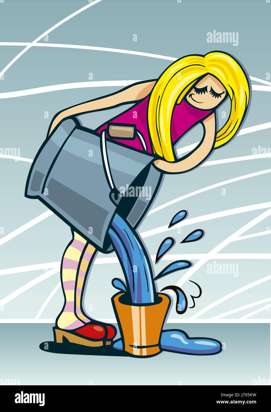 Frau Abbildung Eimer gießen Aquarius Wasser Comic Cartoon Frau groß groß  Stockfotografie - Alamy