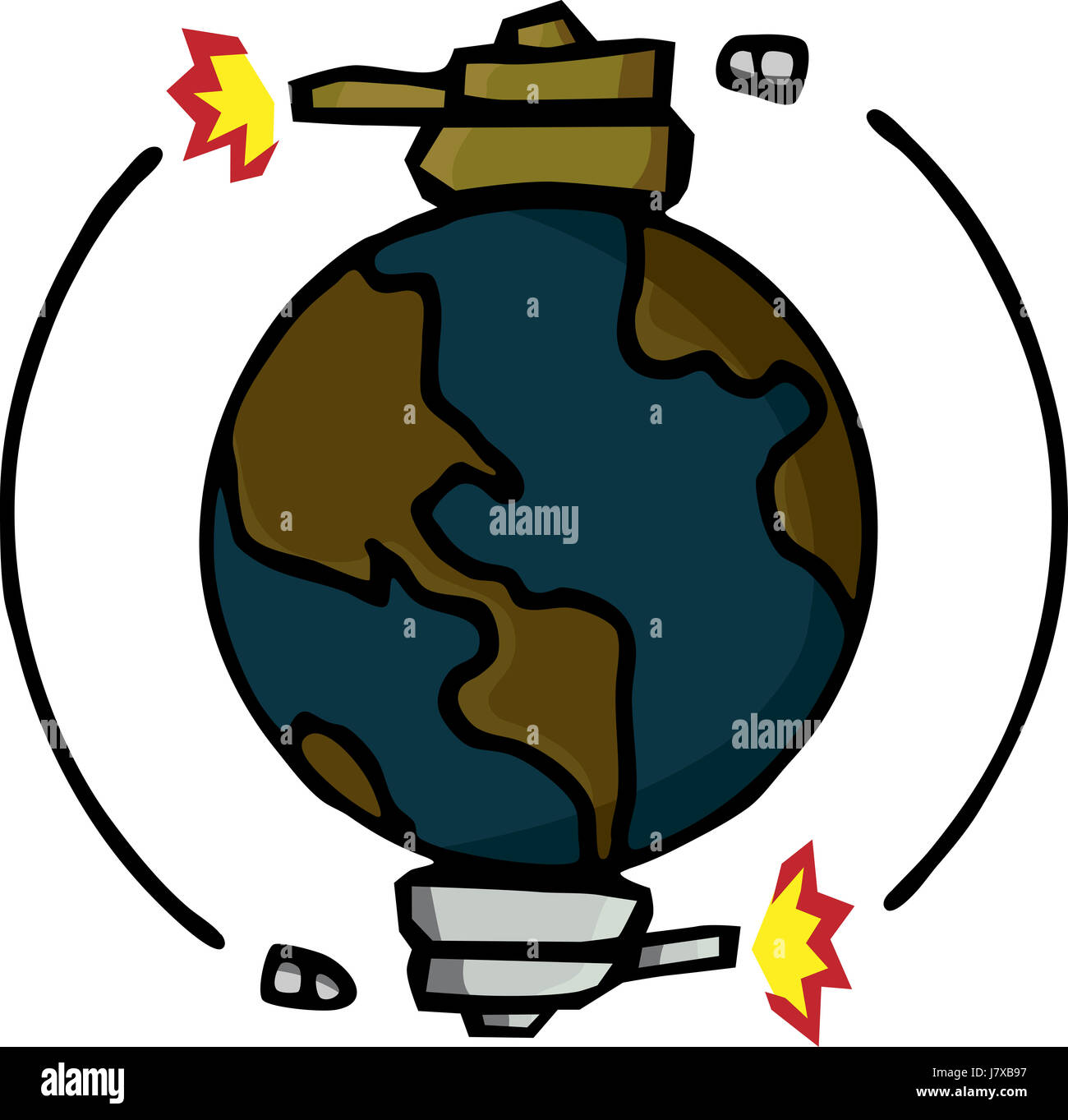 Krieg verrückt Tank Globus Planet Erde Welt Rakete Artillerie Runde Comic-Modell Stockfoto