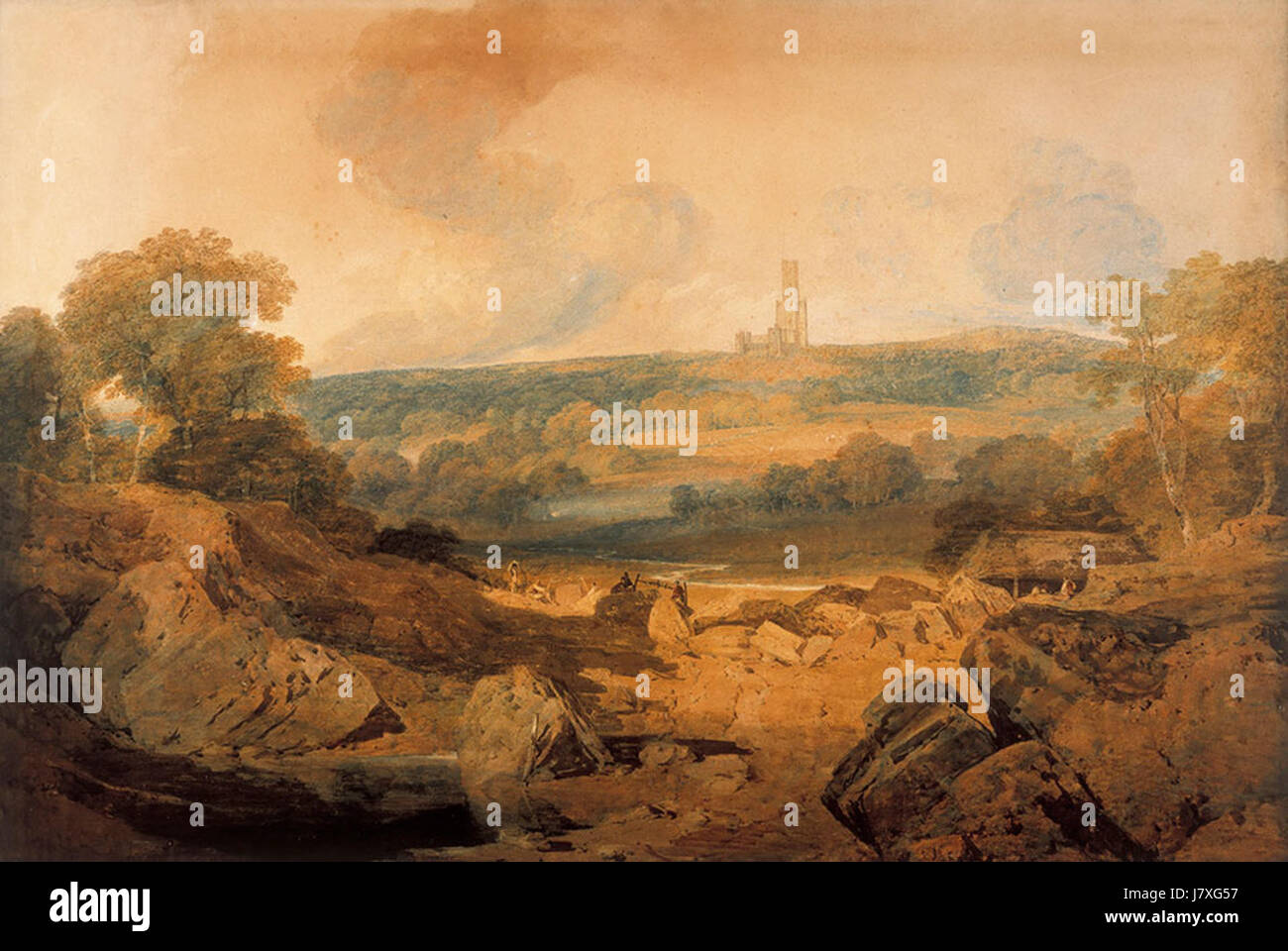East View of Fonthill Abbey, Noon ist ein Gemälde von J. M. W. Turner, das 1800 entstand. Das Kunstwerk zeigt die Fonthill Abbey in Wiltshire, England und zeigt die großartige Architektur im Mittagslicht. Stockfoto