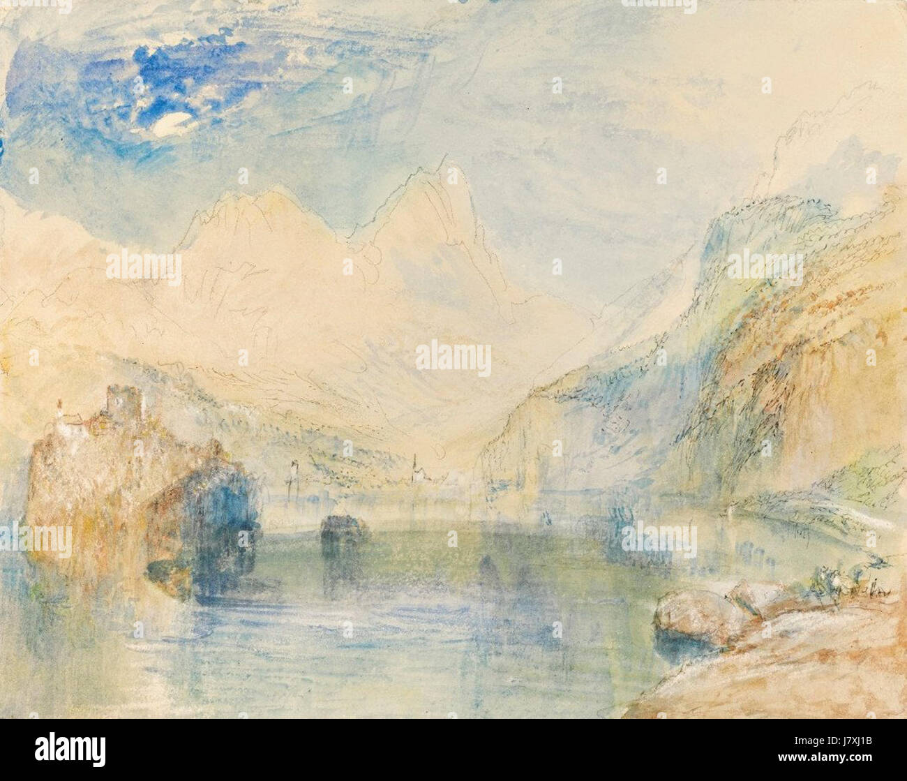 „Der Lauerzersee mit Schwyz und Mythen, Schweiz“ ist ein berühmtes Landschaftsgemälde von J. M. W. Turner, das die landschaftliche Schönheit der Schweizer Landschaft mit See, Bergen und Dörfern darstellt. Stockfoto