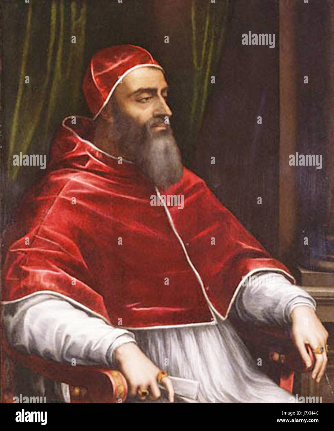 Papst Clemens VII., dargestellt von Sebastiano del Piombo um 1531, repräsentiert die historische Figur, die für seine Beteiligung an der Politik und den religiösen Veränderungen der Renaissance bekannt ist. Das Gemälde fängt seine Ähnlichkeit ein und vermittelt ein visuelles Verständnis des Porträtstils der Epoche, indem es Realismus mit Idealen der Renaissance verbindet. Stockfoto