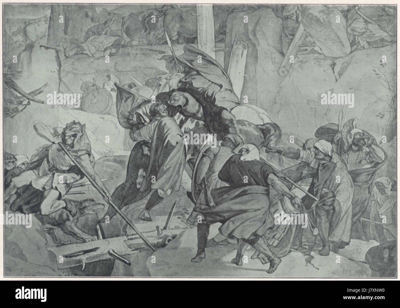 Ein Gemälde von Alfred Rethel mit dem Titel „Hannibalszug“, das den historischen marsch Hannibals darstellt und das Wesen der Reise des karthagischen Generals über die Alpen während des Zweiten Punischen Krieges feststellt. Stockfoto