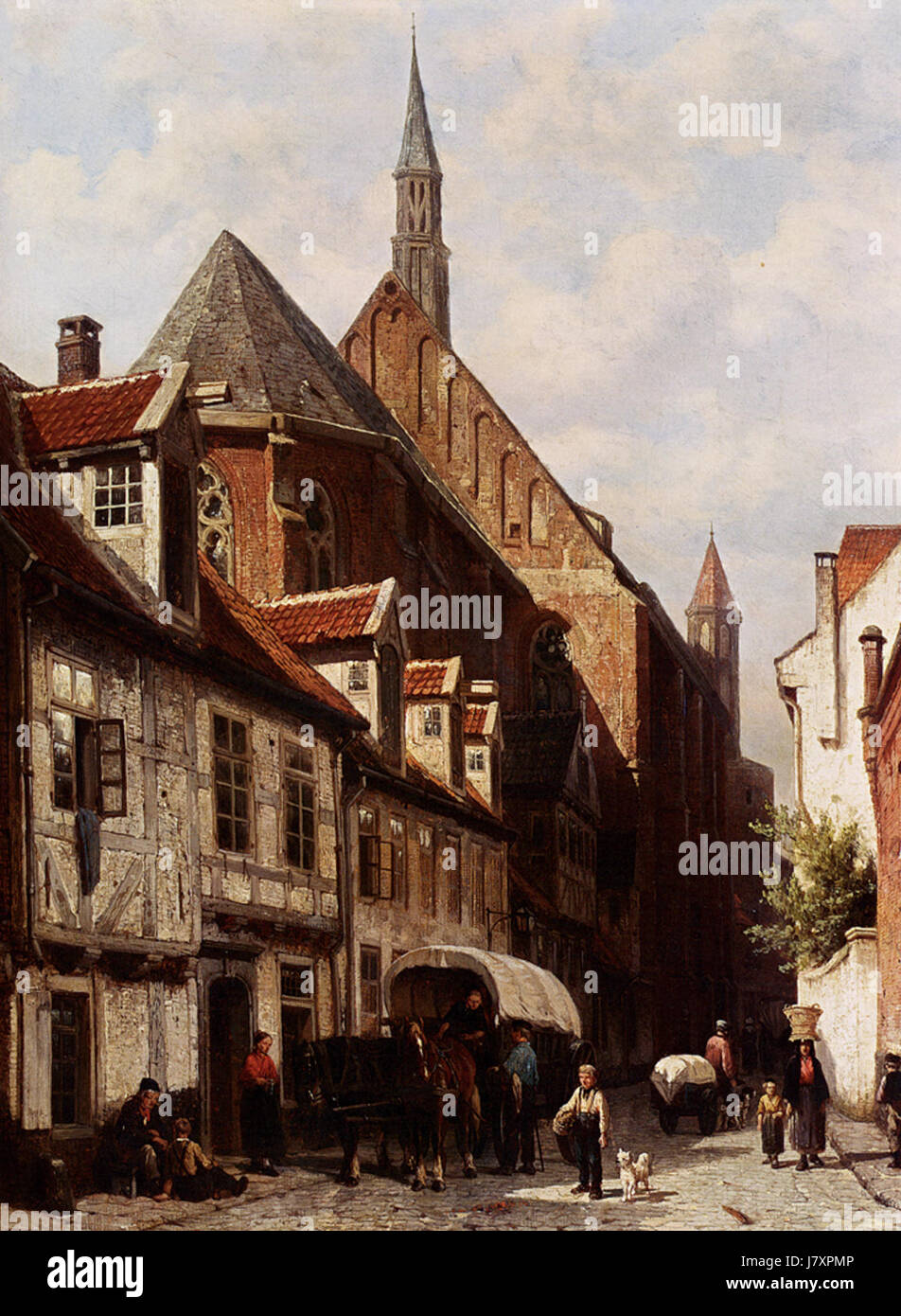 Dieses Gemälde von Cornelis Springer zeigt eine geschäftige Straßenszene in Bremen um 1864. Das Kunstwerk zeigt den architektonischen Stil und das tägliche Leben der Stadt während des 19. Jahrhunderts und fängt die Hektik der Menschen, Kutschen und Gebäude ein, die für diese Zeit typisch sind. Stockfoto