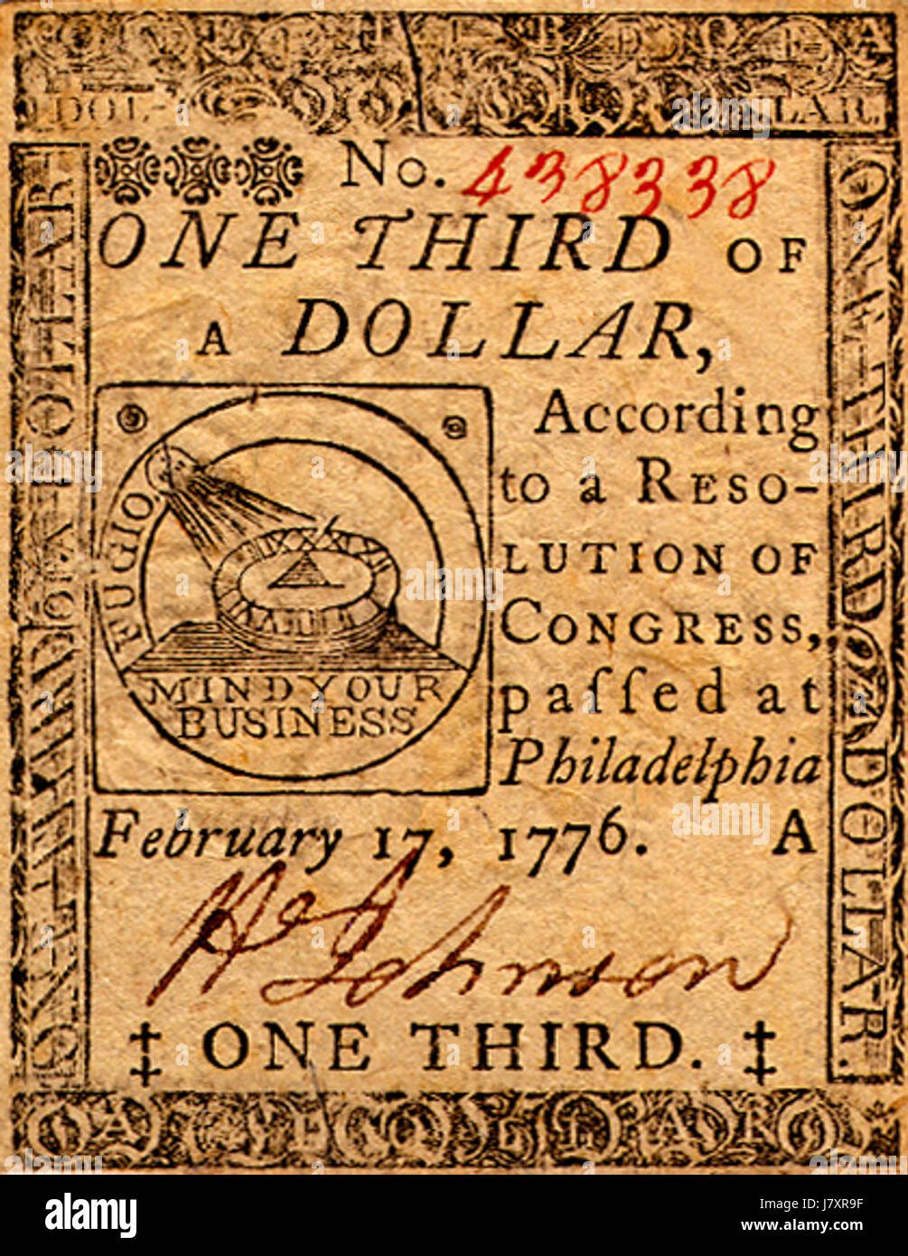 Kontinentale Währung eine dritte Dollar 17. Februar 76 Obv Stockfoto