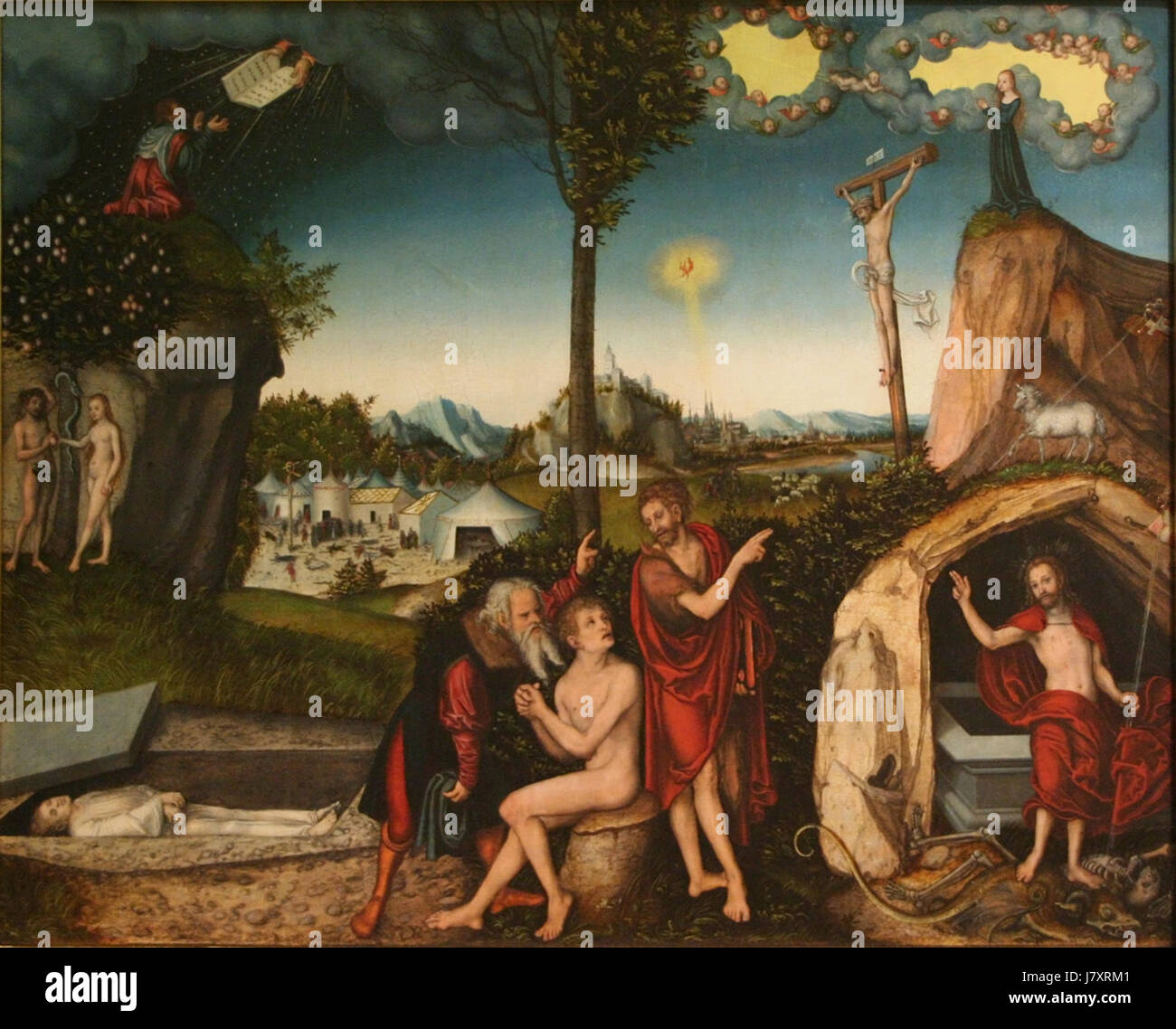 Das Gesetz und das Evangelium ist ein berühmtes Gemälde von Lucas Cranach dem Älteren, das im 16. Jahrhundert geschaffen wurde. Dieses Stück stellt die Themen des alttestamentlichen Gesetzes mit dem neutestamentlichen Evangelium in Kontrast und hebt den Einfluss der lutherischen Reformation auf die Kunst hervor. Cranachs Werk verwendet lebendige Farben und Symbolismus, um religiöse Botschaften in einem visuellen Format zu vermitteln. Stockfoto Das Gesetz und das Evangelium ist ein berühmtes Gemälde von Lucas Cranach dem Älteren, das im 16. Jahrhundert geschaffen wurde. Dieses Stück stellt die Themen des alttestamentlichen Gesetzes mit dem neutestamentlichen Evangelium in Kontrast und hebt den Einfluss der lutherischen Reformation auf die Kunst hervor. Cranachs Werk verwendet lebendige Farben und Symbolismus, um religiöse Botschaften in einem visuellen Format zu vermitteln. Stockfoto