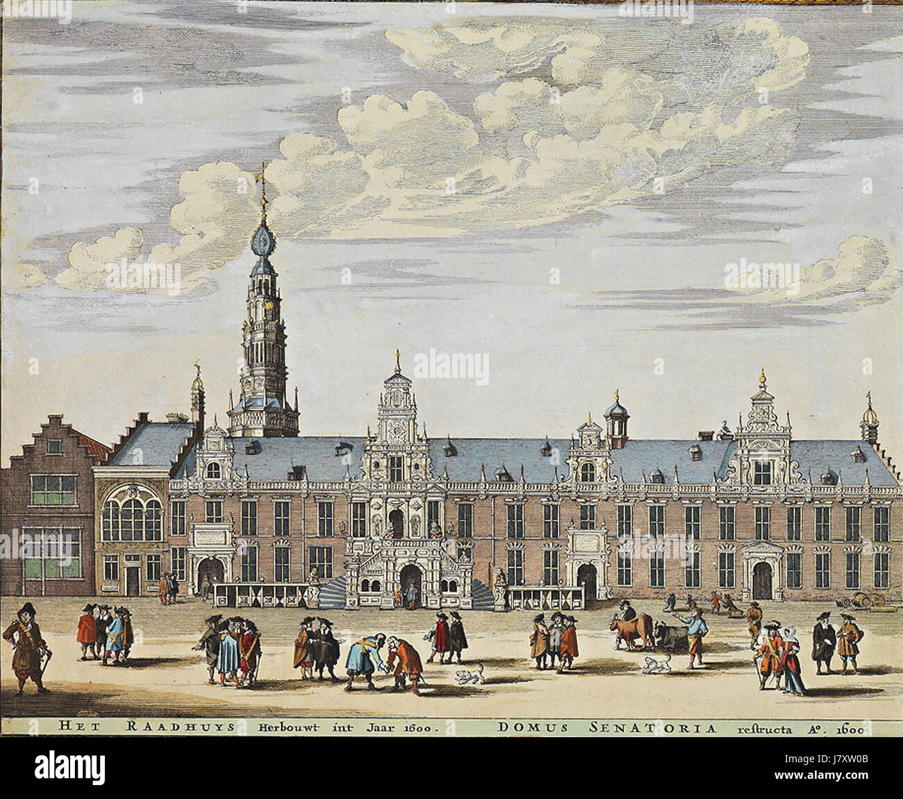 Atlas de Wit aus dem Jahr 1698, Platte 017, zeigt eine detaillierte Darstellung des Stadhuis von Leiden, Niederlande, die seine Architektur und historische Bedeutung während dieser Zeit hervorhebt. Stockfoto