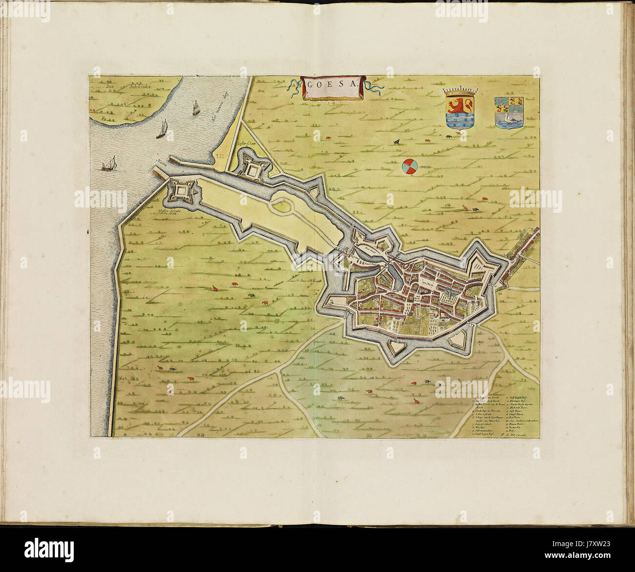 Eine detaillierte Illustration oder Karte aus dem 1698 erschienenen Atlas de Wit, die die Stadt Goes in den Niederlanden zeigt und einen Einblick in die frühe europäische Kartographie bietet. Stockfoto Eine detaillierte Illustration oder Karte aus dem 1698 erschienenen Atlas de Wit, die die Stadt Goes in den Niederlanden zeigt und einen Einblick in die frühe europäische Kartographie bietet. Stockfoto