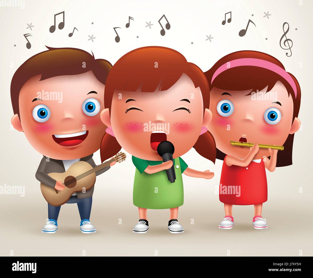 Vector Zeichen Kinder singen und spielen Gitarre und Querflöte während stehend und Durchführung vor Bühne. Vektor-Illustration. Stock Vektor