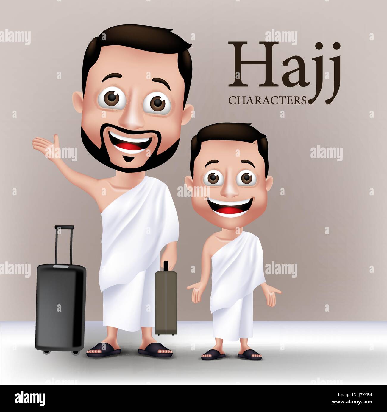 Muslimischen Mann und Kind Zeichen tragen Ihram Kleidung Reisen um Hajj oder Umra mit Reisetaschen durchzuführen. Bearbeitbares Vektor-Illustration Stock Vektor