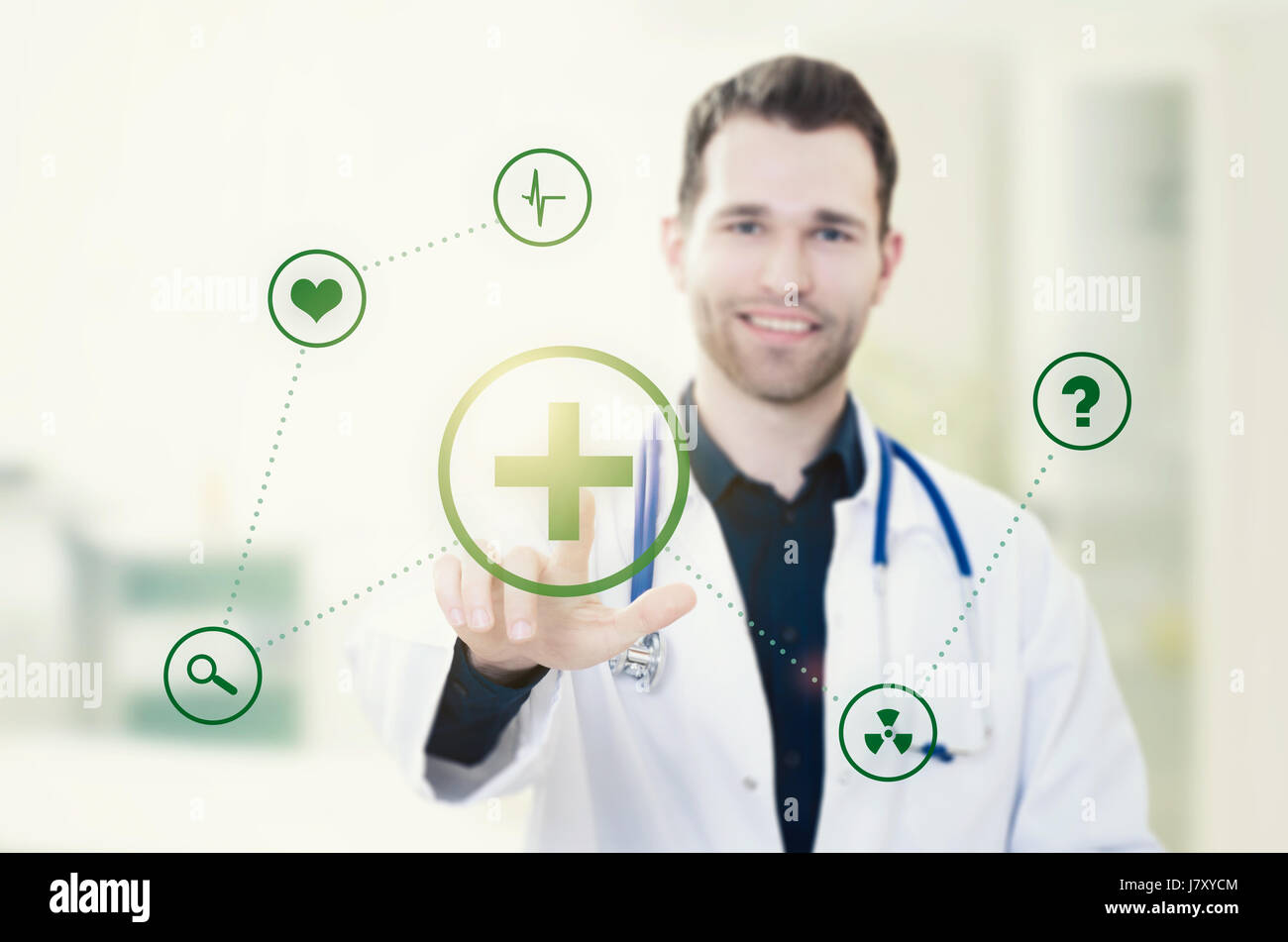 Arzt berühren Screen mit Icons. Futuristische Medizin. Arzt Medizintechnik-Icon im Gesundheitswesen-Bildschirm berühren Datenkonzept Stockfoto